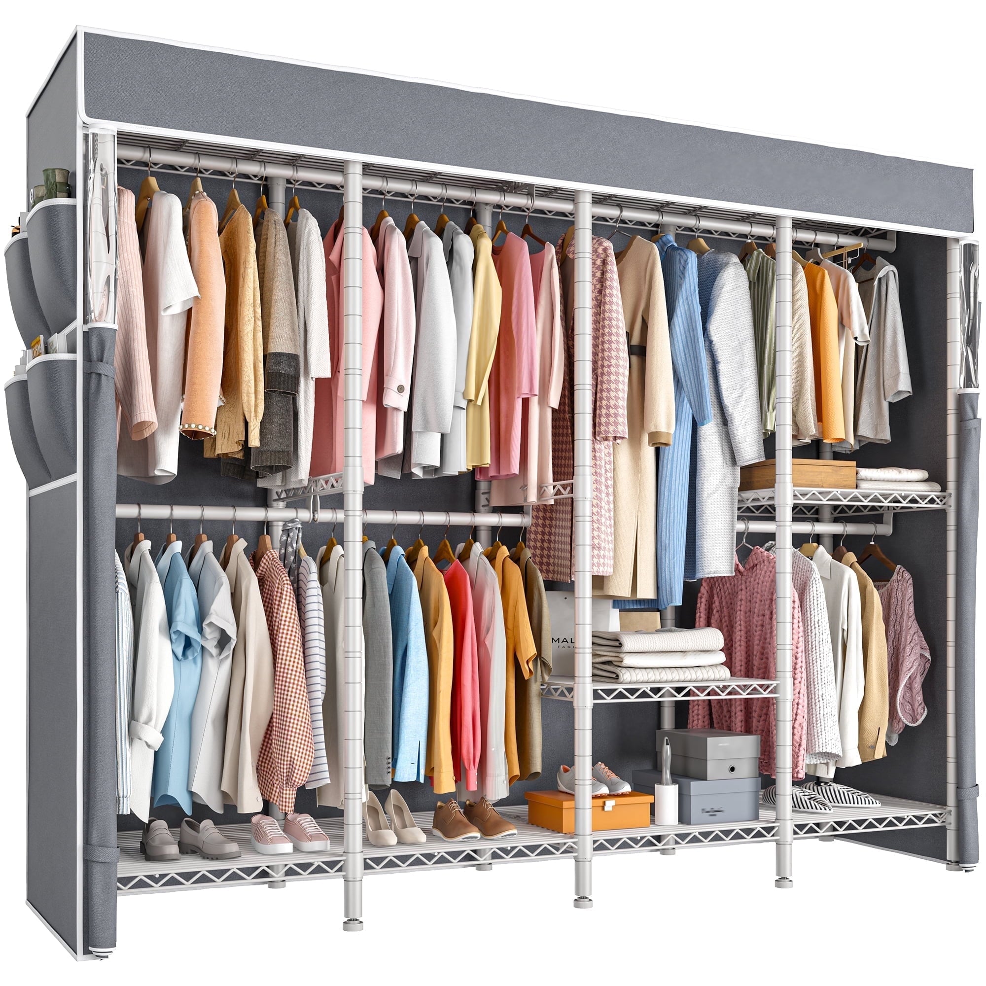 Covered Clothes Rack Loads 1100LBS, Heavy Duty Clothing Rack with Oxford Fabric Cover, Portable &amp; Metal Wadrobe Closet for Hanging Clothes, Black, 76"W x 18"D x 77"H