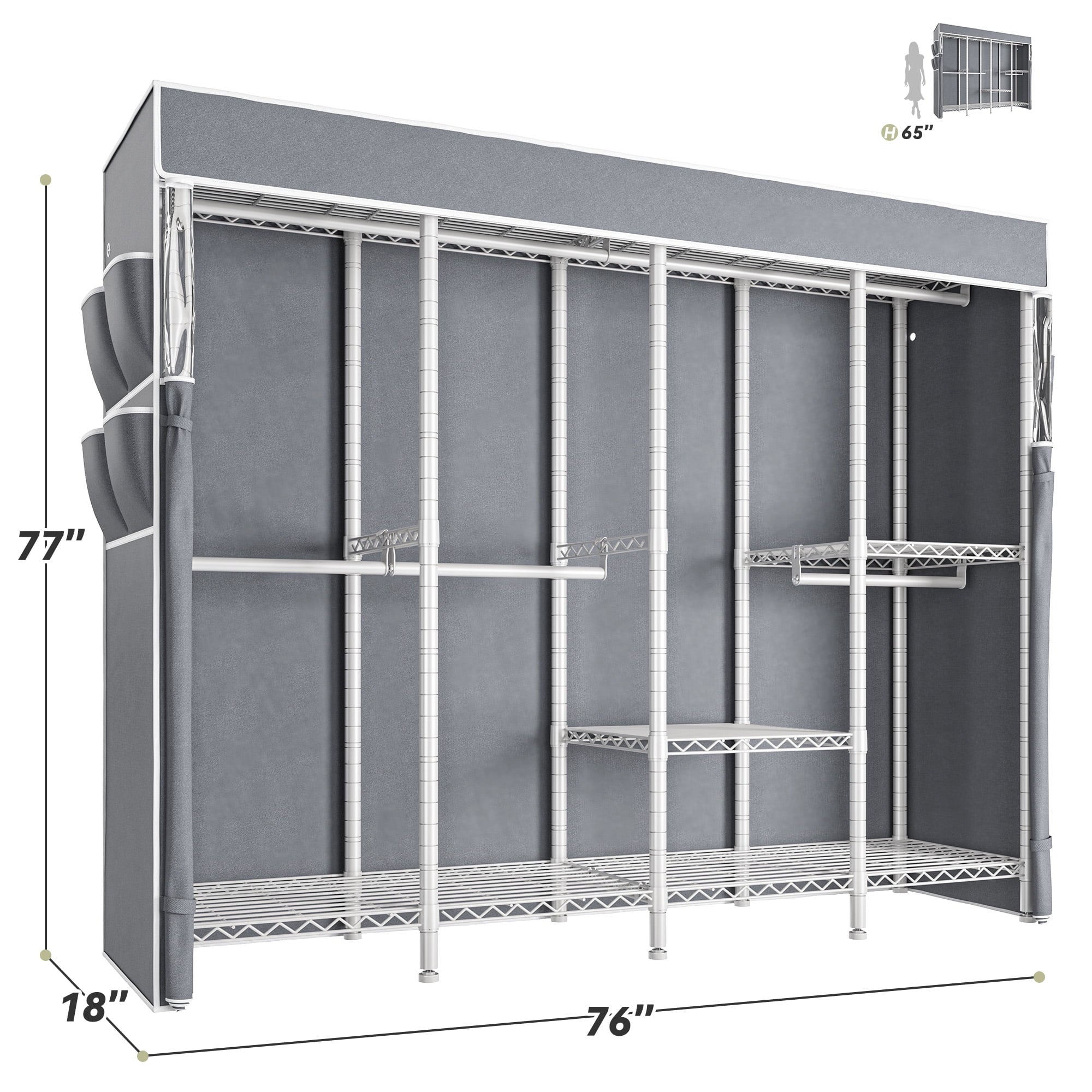 Covered Clothes Rack Loads 1100LBS, Heavy Duty Clothing Rack with Oxford Fabric Cover, Portable &amp; Metal Wadrobe Closet for Hanging Clothes, Black, 76"W x 18"D x 77"H