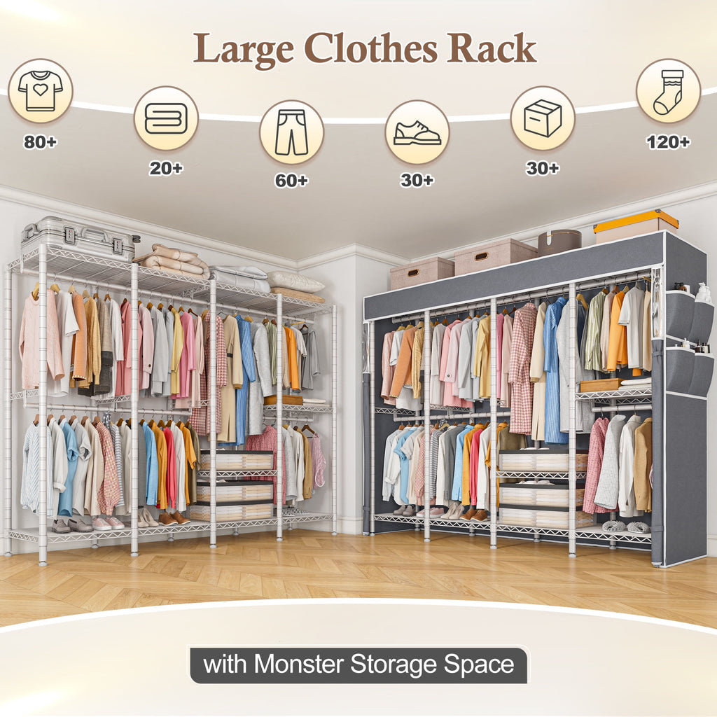 Covered Clothes Rack Loads 1100LBS, Heavy Duty Clothing Rack with Oxford Fabric Cover, Portable &amp; Metal Wadrobe Closet for Hanging Clothes, Black, 76"W x 18"D x 77"H