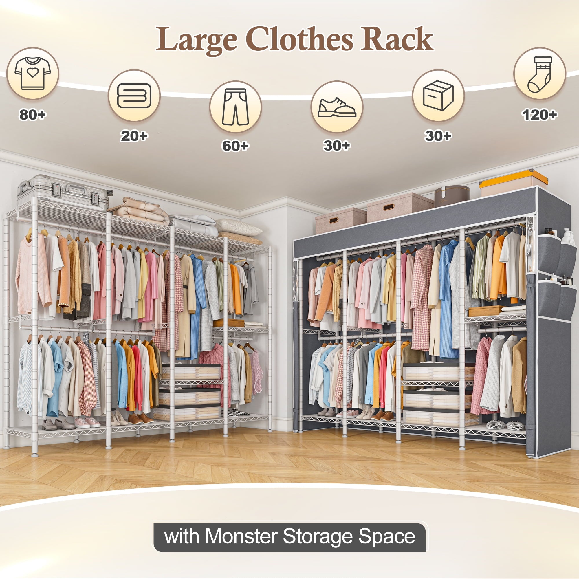 Covered Clothes Rack Loads 1100LBS, Heavy Duty Clothing Rack with Oxford Fabric Cover, Portable &amp; Metal Wadrobe Closet for Hanging Clothes, Black, 76"W x 18"D x 77"H