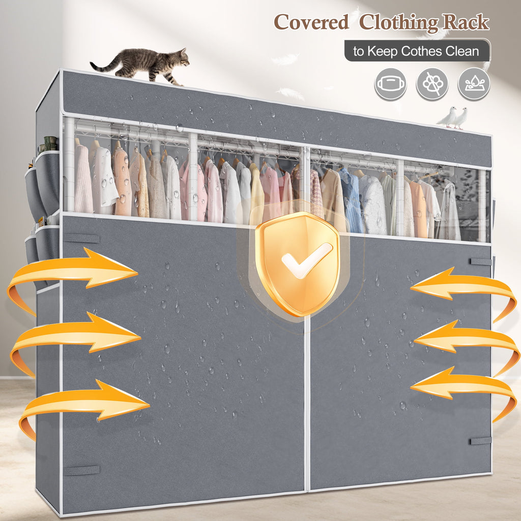 Covered Clothes Rack Loads 1100LBS, Heavy Duty Clothing Rack with Oxford Fabric Cover, Portable &amp; Metal Wadrobe Closet for Hanging Clothes, Black, 76"W x 18"D x 77"H