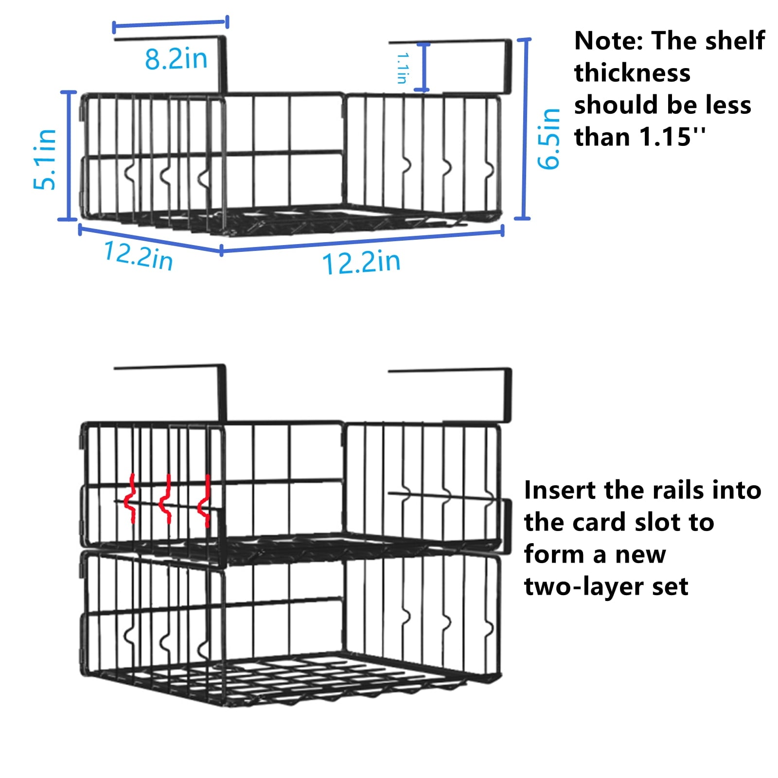 nder Shelf Basket Storage 2Pack - 12.6in Metal Under Cabinet Shelf, Hanging Wire Basket Shelves, Undershelf Storage Basket for Kitchen Pantry Bookshelf