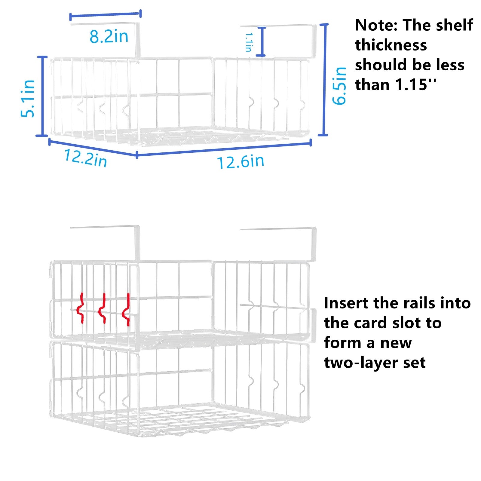 nder Shelf Basket Storage 2Pack - 12.6in Metal Under Cabinet Shelf, Hanging Wire Basket Shelves, Undershelf Storage Basket for Kitchen Pantry Bookshelf