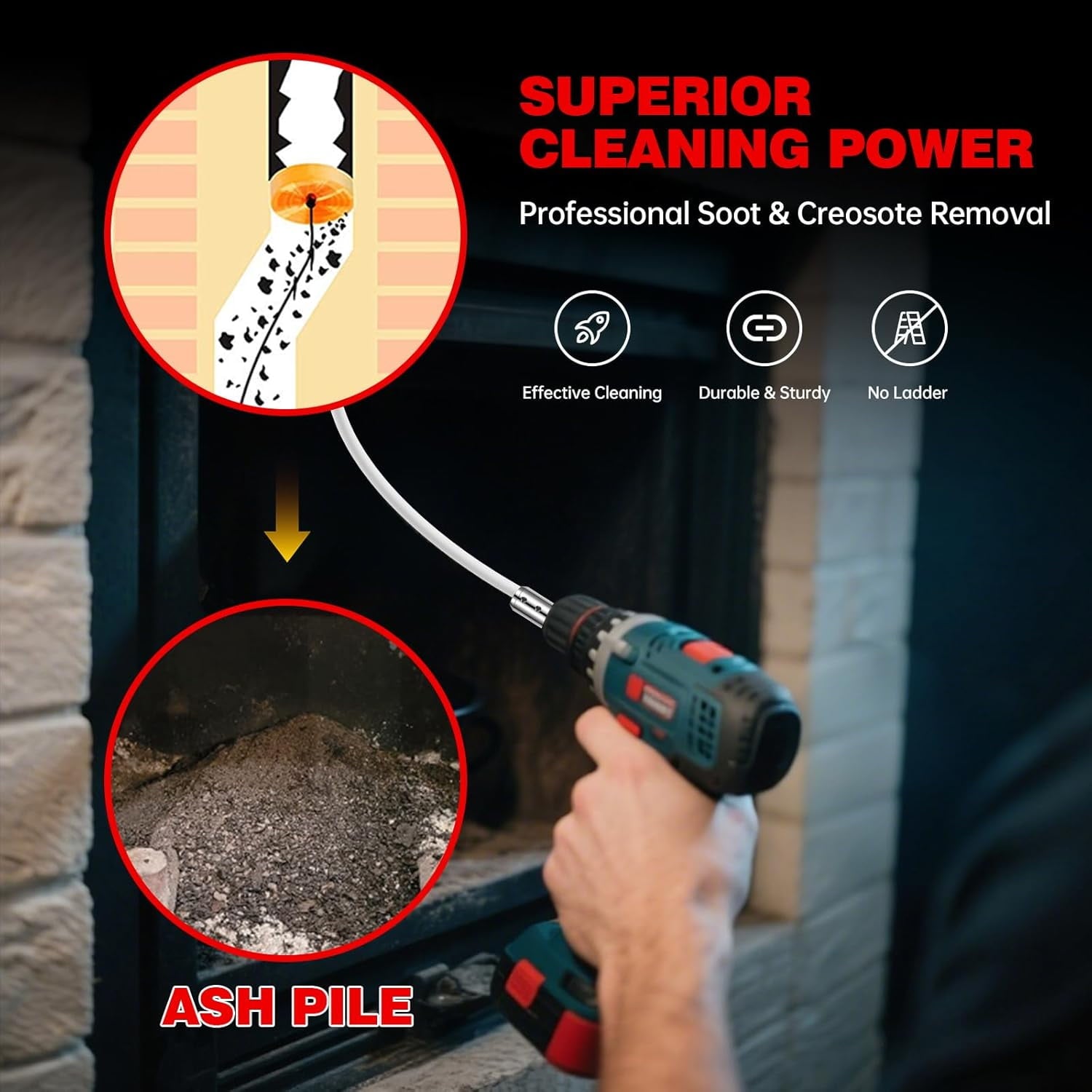 26 Feet Chimney Sweep Kit, Chrome Button Locking System, Chimney Cleaning Kit, Chimney Brush, Chimney Cleaning Tool, Chimney Cleaning System with 8 Flexible Chimney Rods