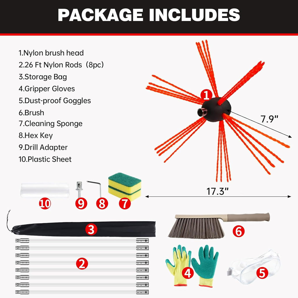 26 Feet Chimney Sweep Kit, Chrome Button Locking System, Chimney Cleaning Kit, Chimney Brush, Chimney Cleaning Tool, Chimney Cleaning System with 8 Flexible Chimney Rods