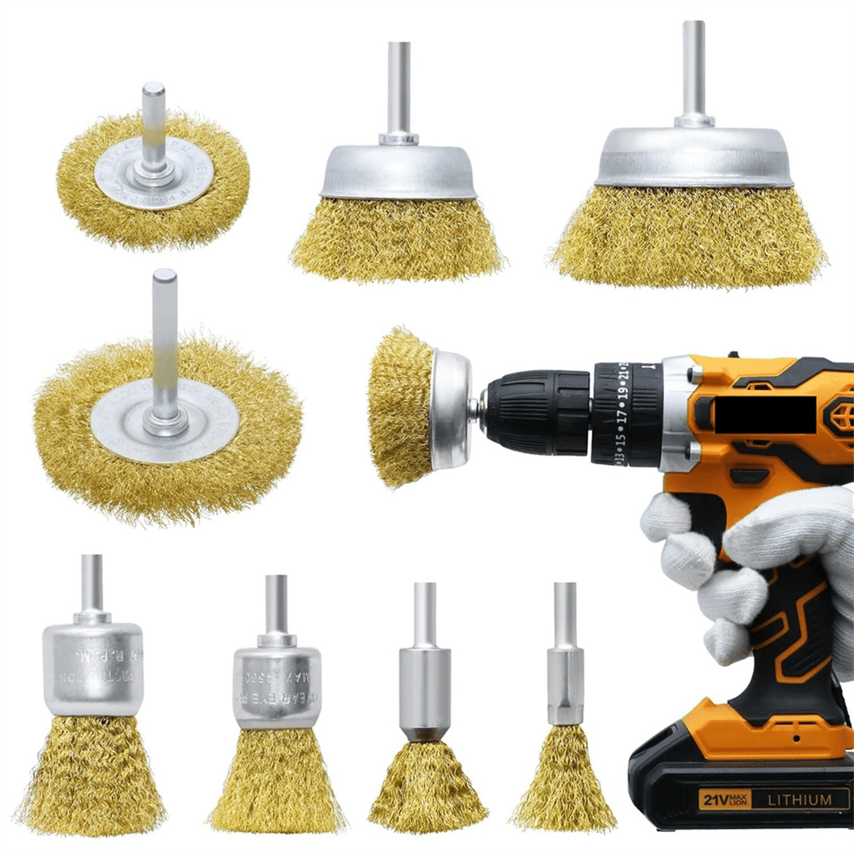 Brass Wheel Cup Brush Set 8 Piece,Coarse Crimped Carbon Brass Wire Brush Set for Cleaning Rust,,Paint,Yellow
