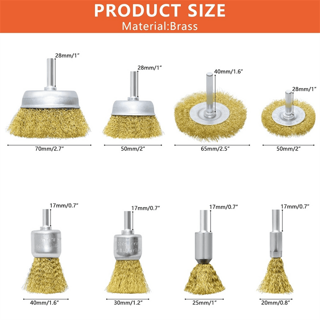 Brass Wheel Cup Brush Set 8 Piece,Coarse Crimped Carbon Brass Wire Brush Set for Cleaning Rust,,Paint,Yellow