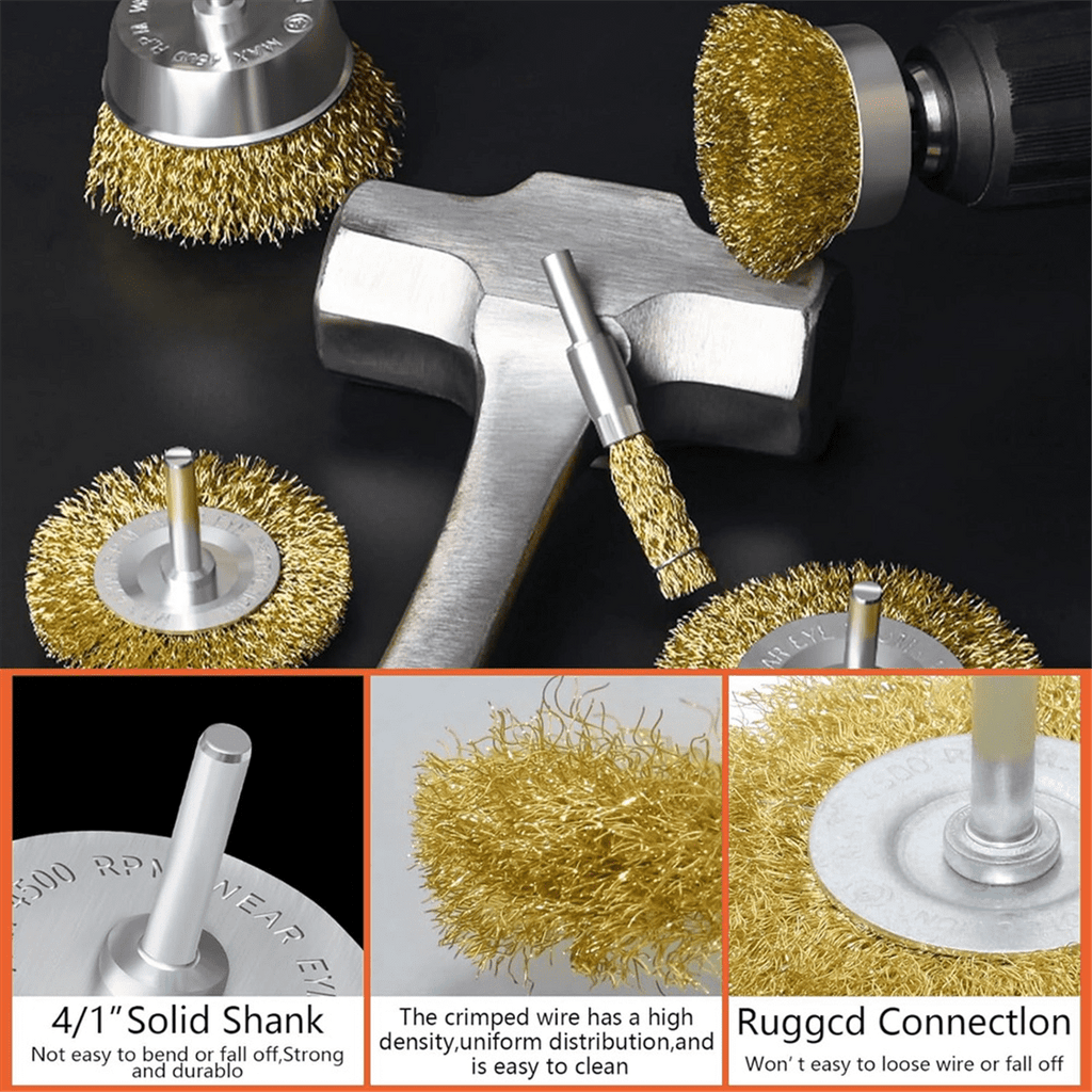 Brass Wheel Cup Brush Set 8 Piece,Coarse Crimped Carbon Brass Wire Brush Set for Cleaning Rust,,Paint,Yellow