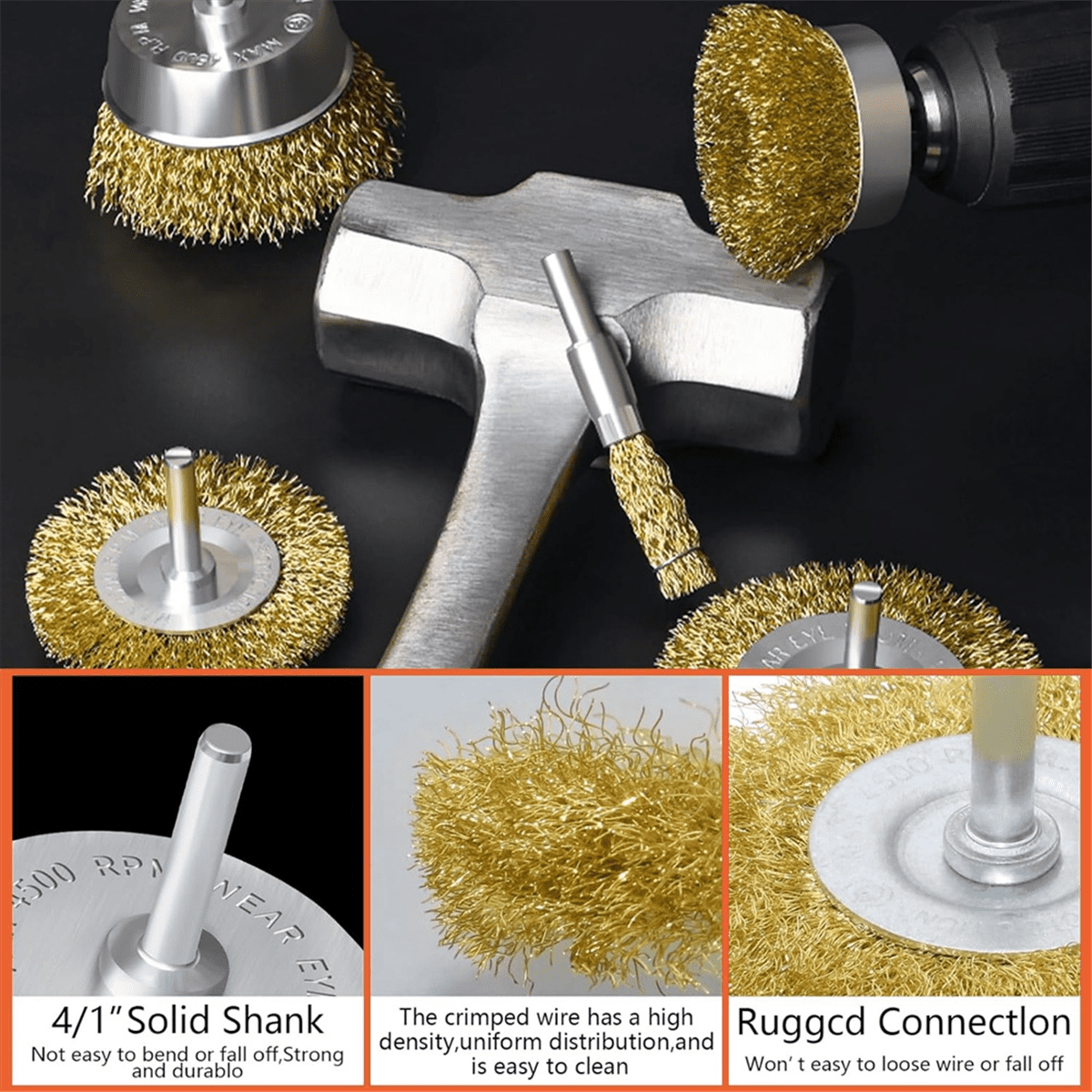 Brass Wheel Cup Brush Set 8 Piece,Coarse Crimped Carbon Brass Wire Brush Set for Cleaning Rust,,Paint,Yellow