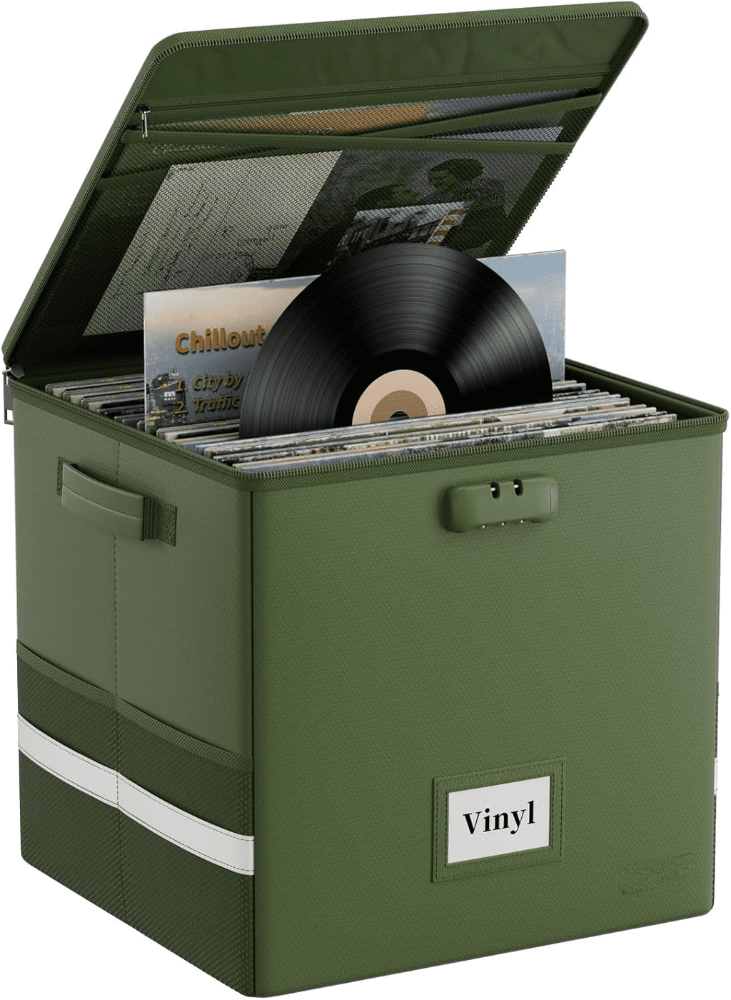 Vinyl Record Storage Box with Lock, Fireproof＆Water Resistant Record Organizer for 100+ Single Records(12-inch), Collapsible Storage Crate with Lid&amp;Handles for Valuable Album Collection,Green