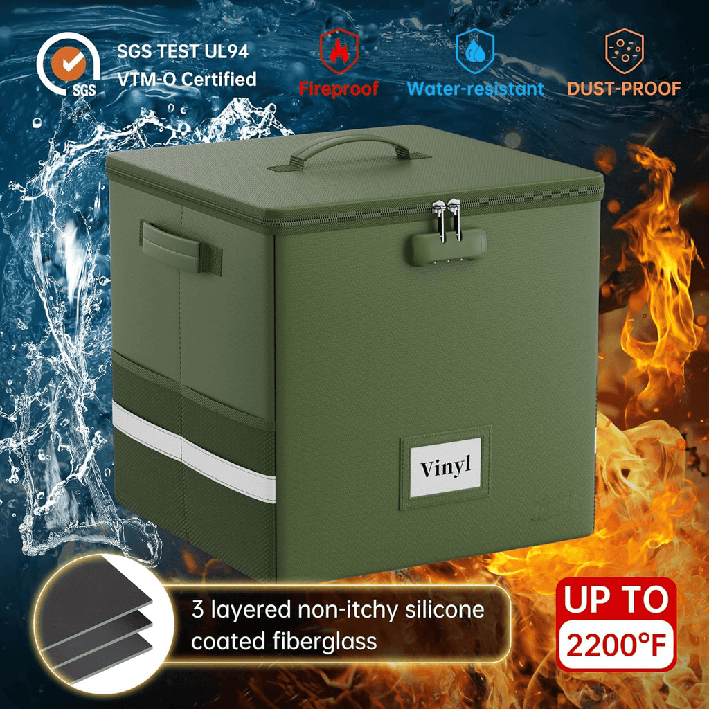 Vinyl Record Storage Box with Lock, Fireproof＆Water Resistant Record Organizer for 100+ Single Records(12-inch), Collapsible Storage Crate with Lid&amp;Handles for Valuable Album Collection,Green