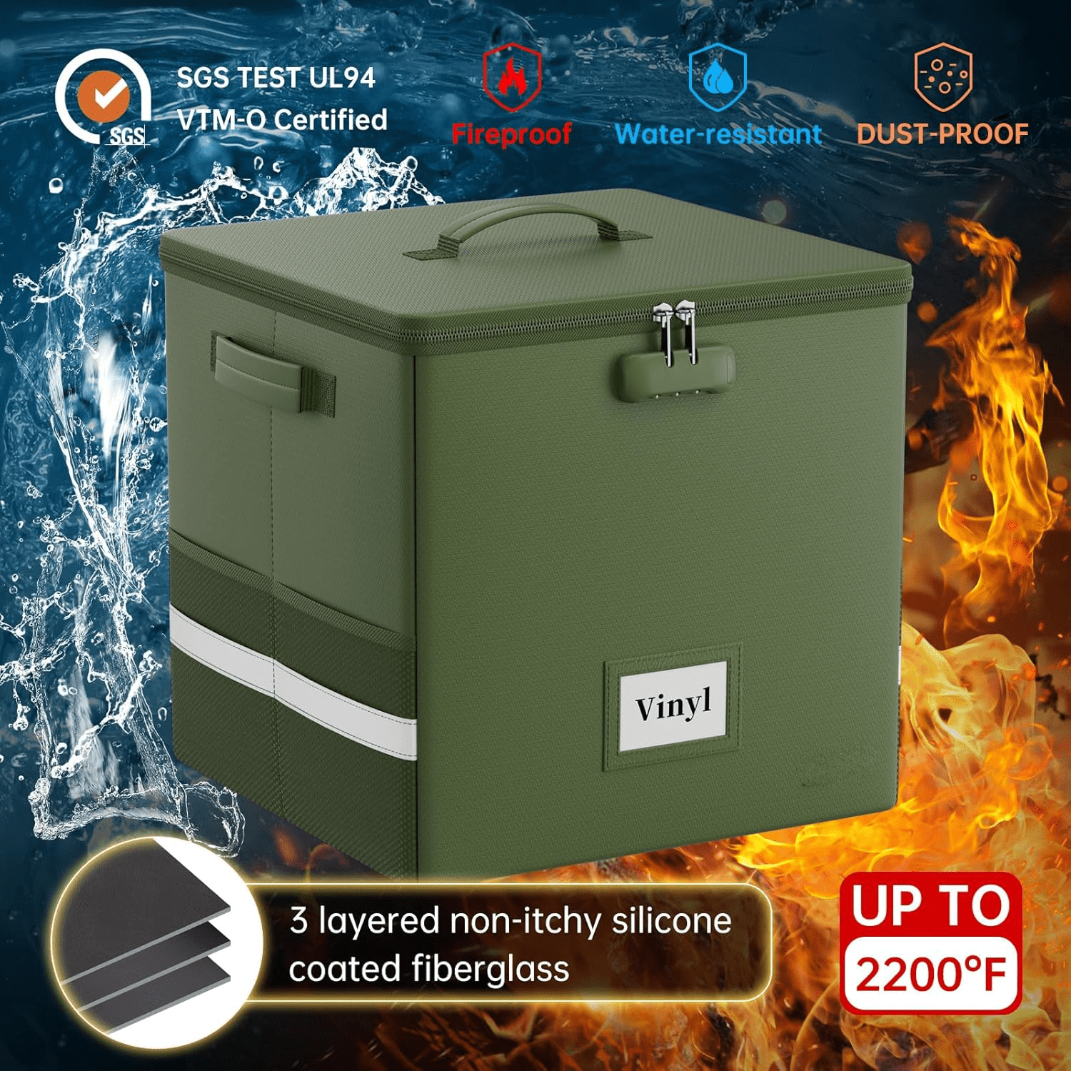 Vinyl Record Storage Box with Lock, Fireproof＆Water Resistant Record Organizer for 100+ Single Records(12-inch), Collapsible Storage Crate with Lid&amp;Handles for Valuable Album Collection,Green