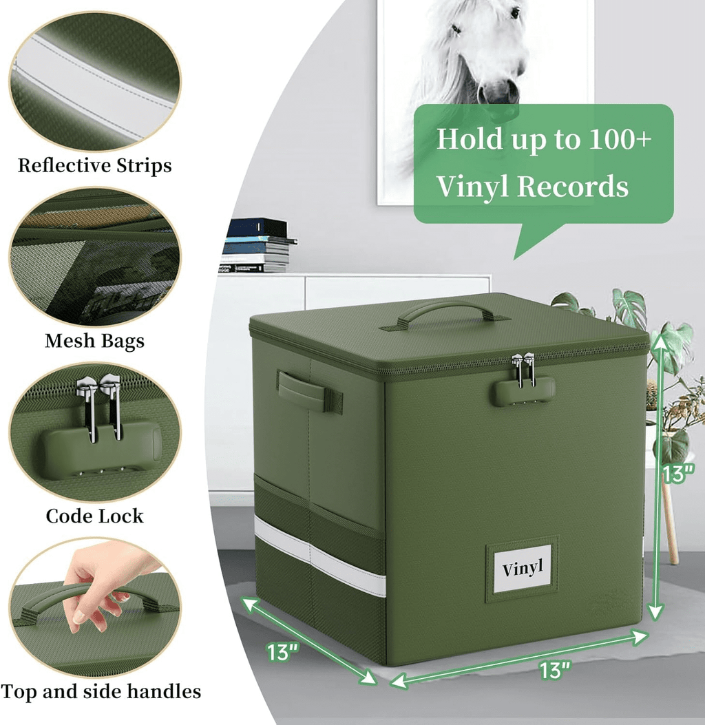 Vinyl Record Storage Box with Lock, Fireproof＆Water Resistant Record Organizer for 100+ Single Records(12-inch), Collapsible Storage Crate with Lid&amp;Handles for Valuable Album Collection,Green