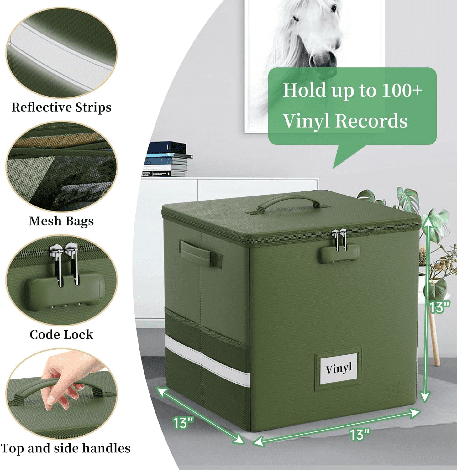 Vinyl Record Storage Box with Lock, Fireproof＆Water Resistant Record Organizer for 100+ Single Records(12-inch), Collapsible Storage Crate with Lid&amp;Handles for Valuable Album Collection,Green