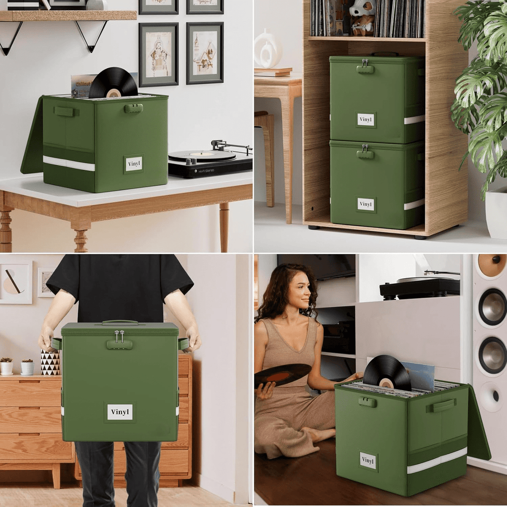 Vinyl Record Storage Box with Lock, Fireproof＆Water Resistant Record Organizer for 100+ Single Records(12-inch), Collapsible Storage Crate with Lid&amp;Handles for Valuable Album Collection,Green