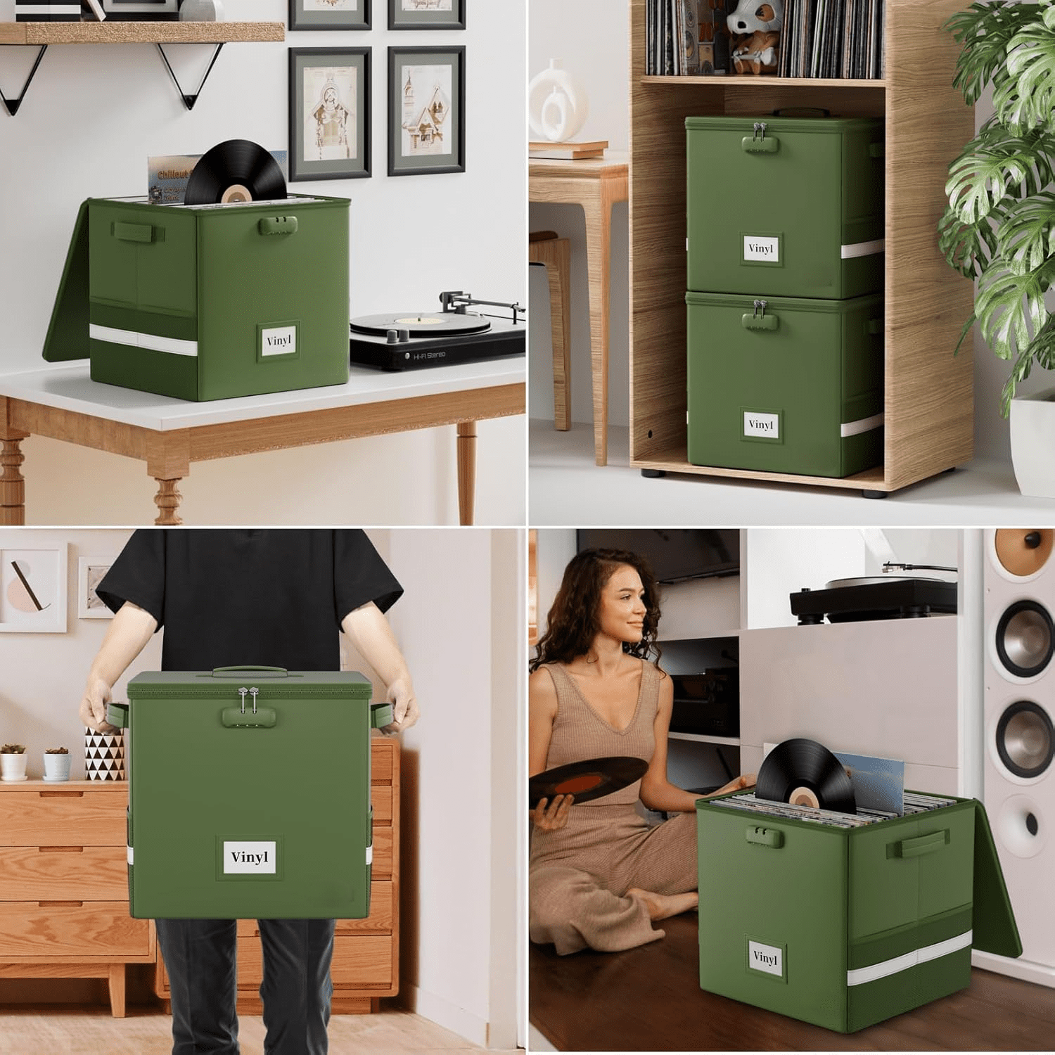 Vinyl Record Storage Box with Lock, Fireproof＆Water Resistant Record Organizer for 100+ Single Records(12-inch), Collapsible Storage Crate with Lid&amp;Handles for Valuable Album Collection,Green