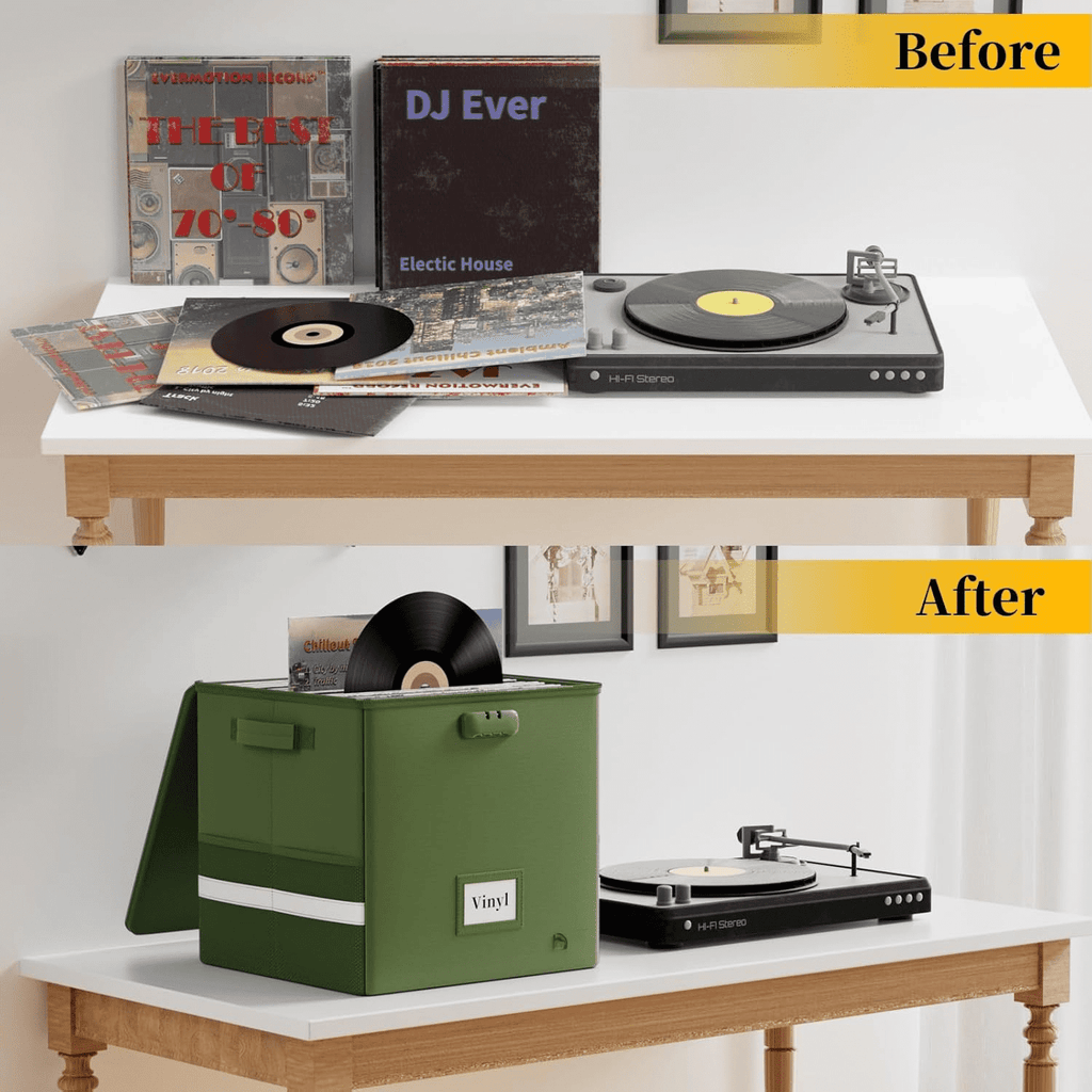Vinyl Record Storage Box with Lock, Fireproof＆Water Resistant Record Organizer for 100+ Single Records(12-inch), Collapsible Storage Crate with Lid&amp;Handles for Valuable Album Collection,Green