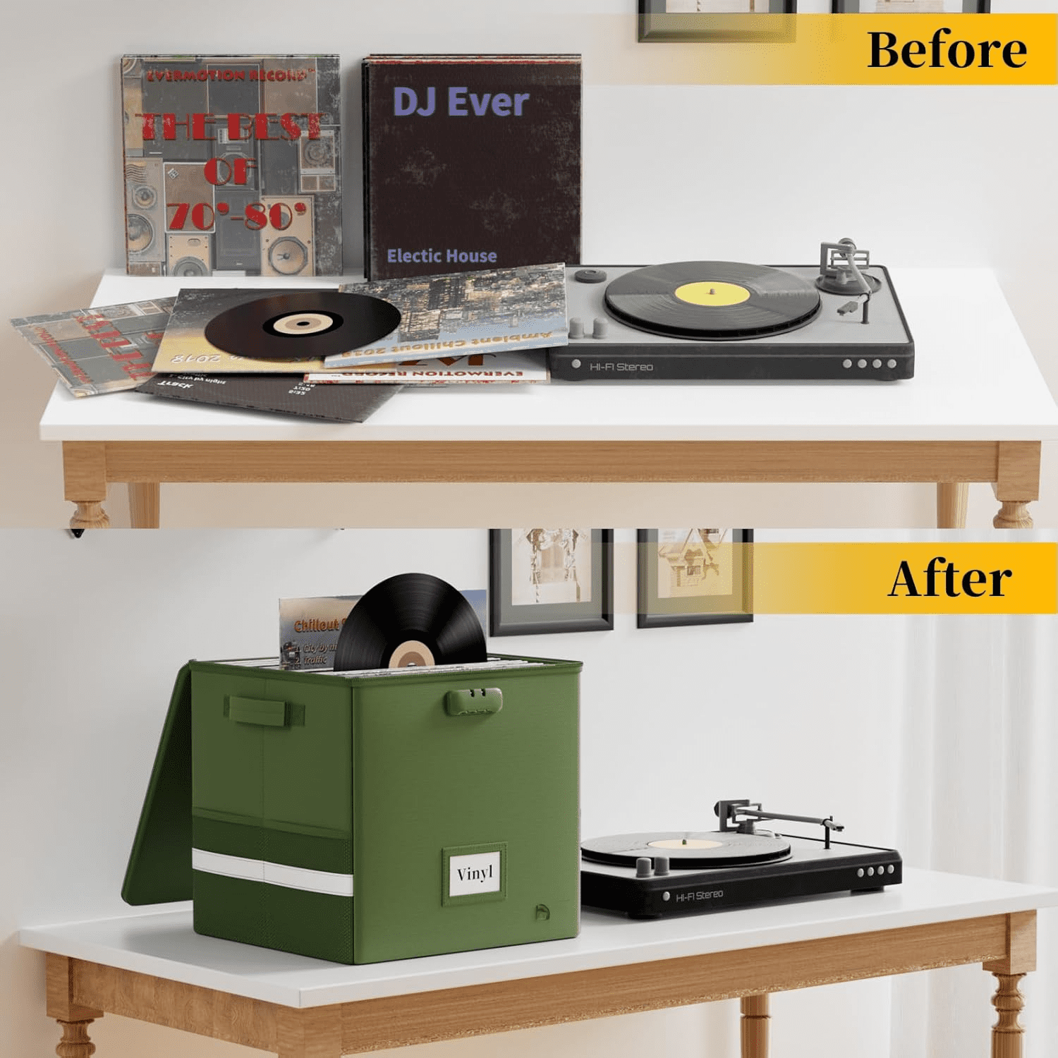 Vinyl Record Storage Box with Lock, Fireproof＆Water Resistant Record Organizer for 100+ Single Records(12-inch), Collapsible Storage Crate with Lid&amp;Handles for Valuable Album Collection,Green