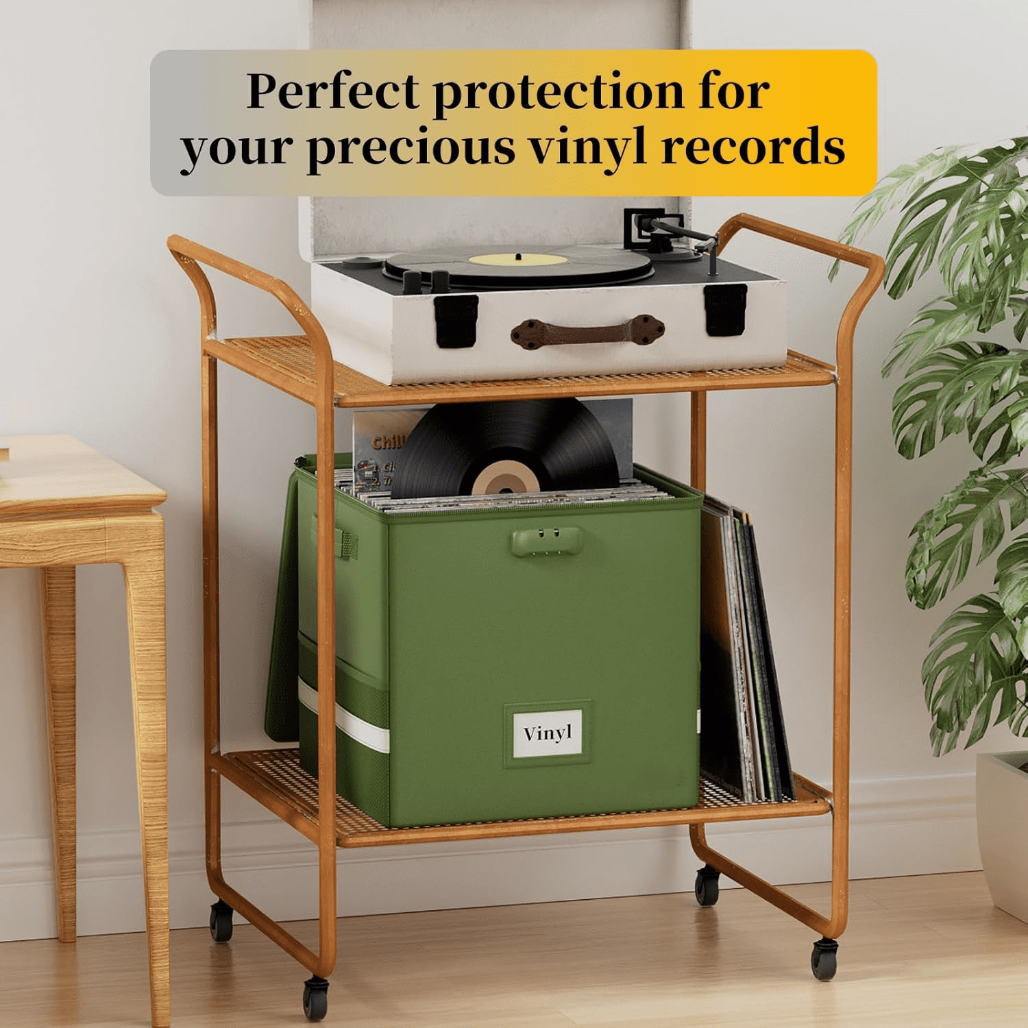 Vinyl Record Storage Box with Lock, Fireproof＆Water Resistant Record Organizer for 100+ Single Records(12-inch), Collapsible Storage Crate with Lid&amp;Handles for Valuable Album Collection,Green