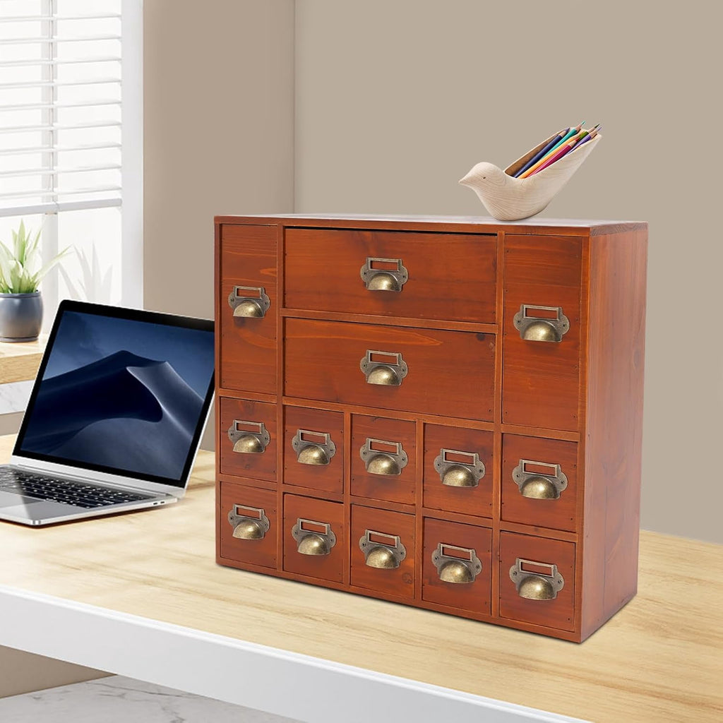 4 Tier Office Desk Organizer with 14 Drawers, Wooden Apothecary Cabinet Desktop Storage Cabinet with Label Boxes, Makeup Organizer Filing Case for Office Bedroom Home, L21*W6.3*H16.7in