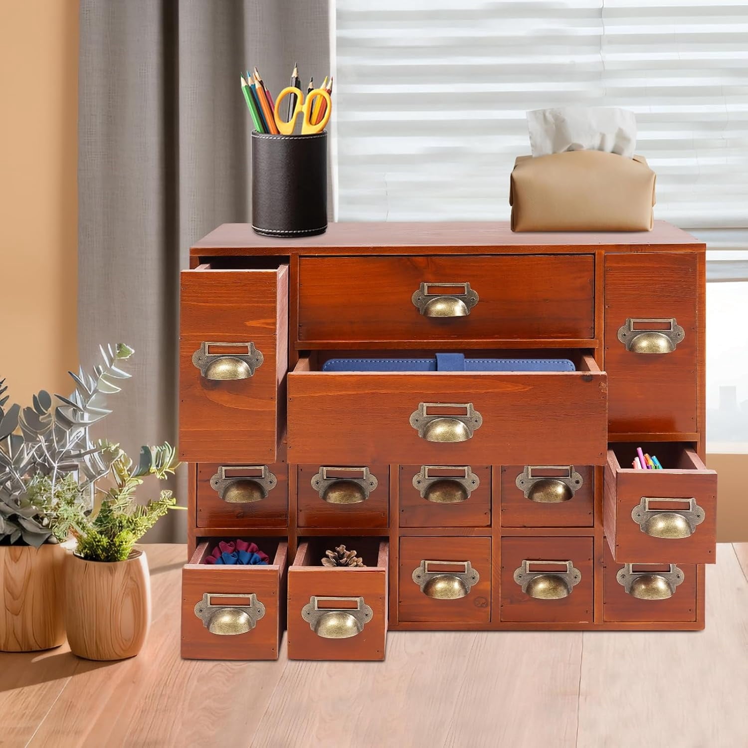 4 Tier Office Desk Organizer with 14 Drawers, Wooden Apothecary Cabinet Desktop Storage Cabinet with Label Boxes, Makeup Organizer Filing Case for Office Bedroom Home, L21*W6.3*H16.7in