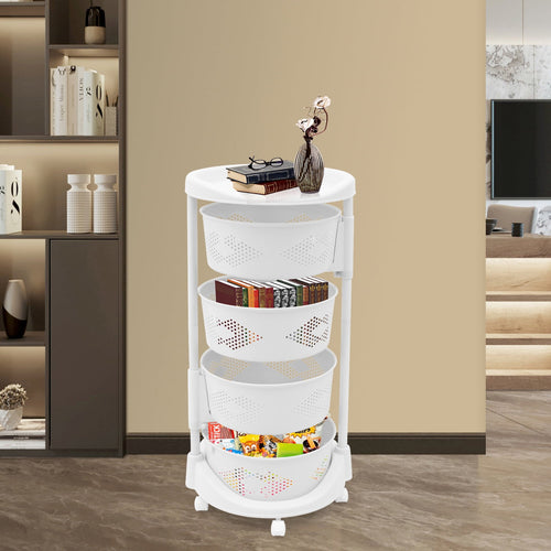 4 Tiers Rotating Storage Shelves Removable Basket Shelf Organizer on Rolling Wheels Height Adjustable Kitchen Bathroom Shelves Rack Organizer