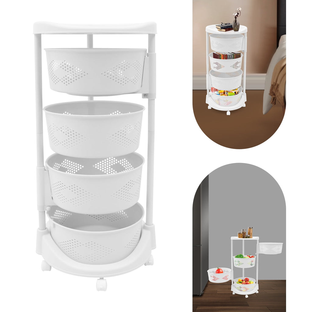 4 Tiers Rotating Storage Shelves Removable Basket Shelf Organizer on Rolling Wheels Height Adjustable Kitchen Bathroom Shelves Rack Organizer