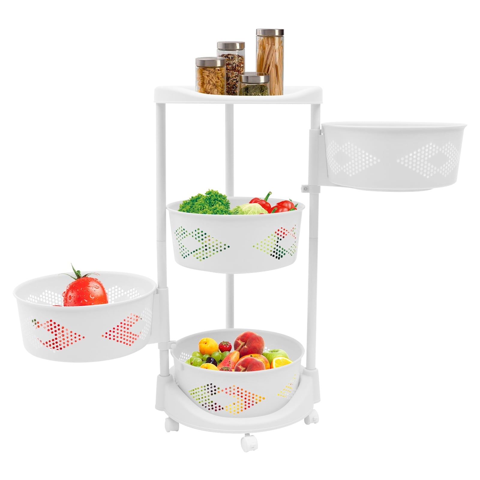 4 Tiers Rotating Storage Shelves Removable Basket Shelf Organizer on Rolling Wheels Height Adjustable Kitchen Bathroom Shelves Rack Organizer