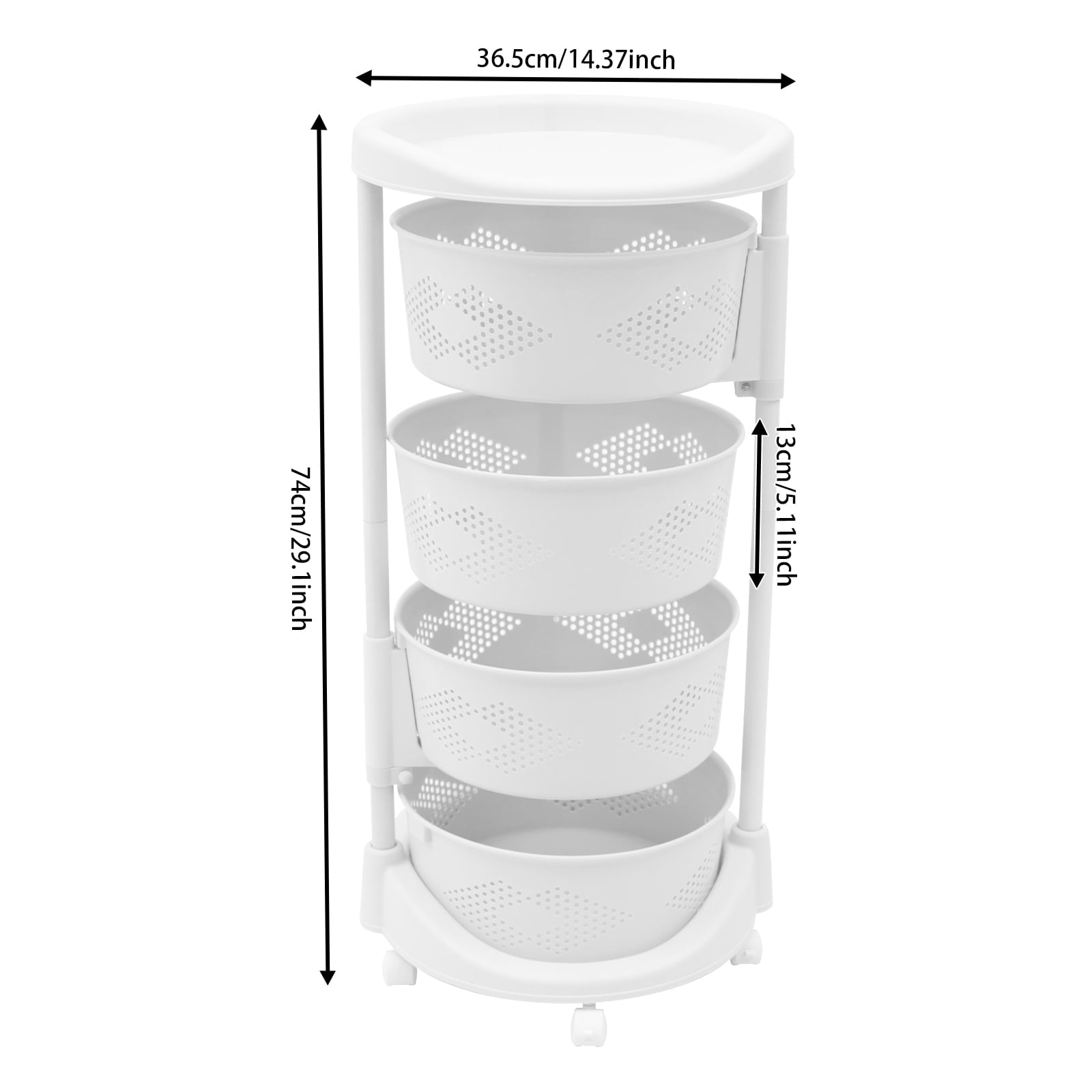 4 Tiers Rotating Storage Shelves Removable Basket Shelf Organizer on Rolling Wheels Height Adjustable Kitchen Bathroom Shelves Rack Organizer