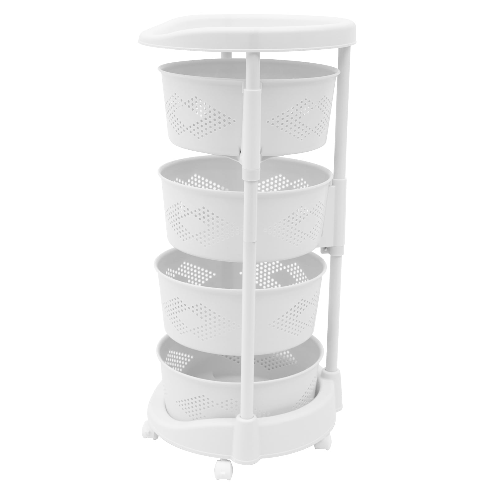 4 Tiers Rotating Storage Shelves Removable Basket Shelf Organizer on Rolling Wheels Height Adjustable Kitchen Bathroom Shelves Rack Organizer