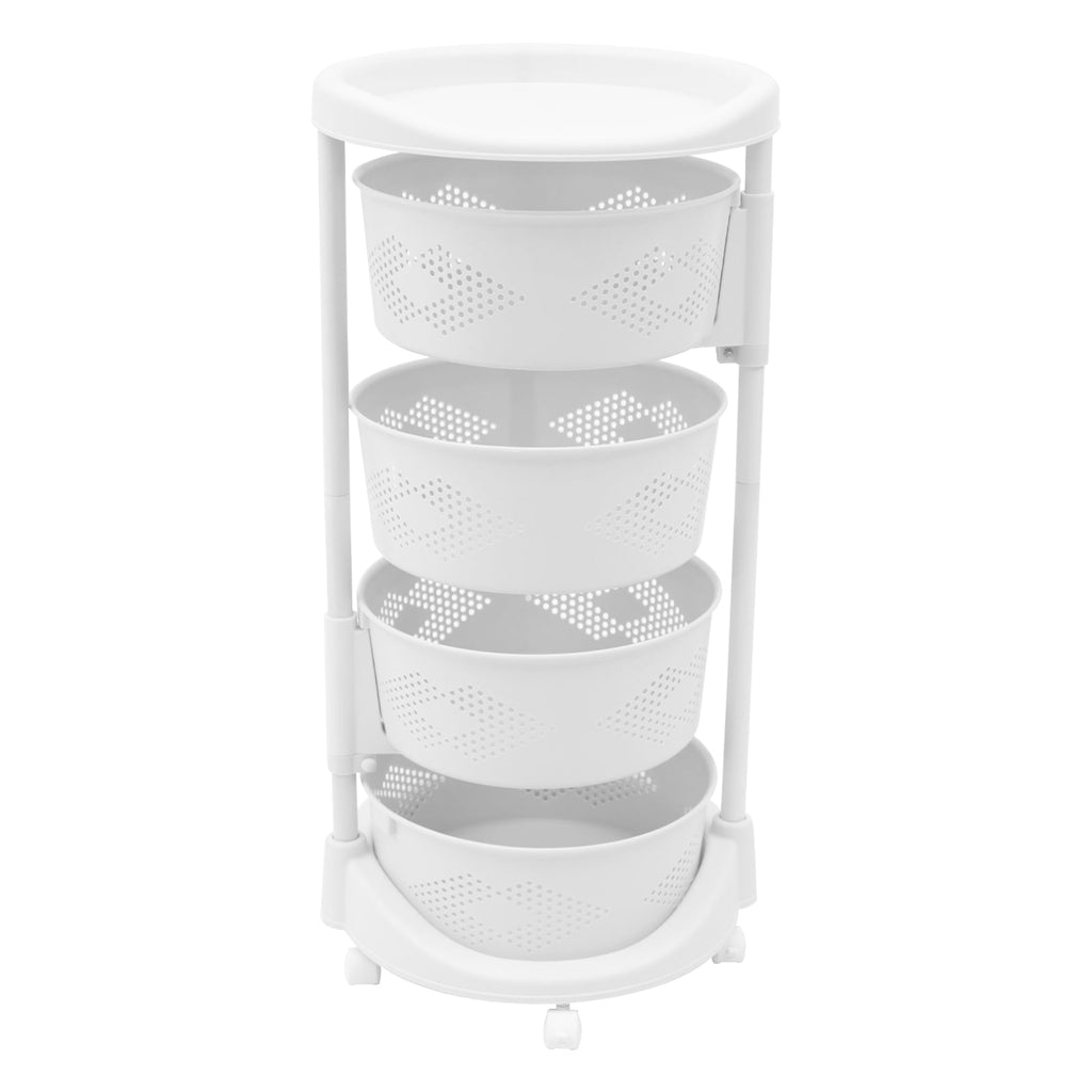 4 Tiers Rotating Storage Shelves Removable Basket Shelf Organizer on Rolling Wheels Height Adjustable Kitchen Bathroom Shelves Rack Organizer