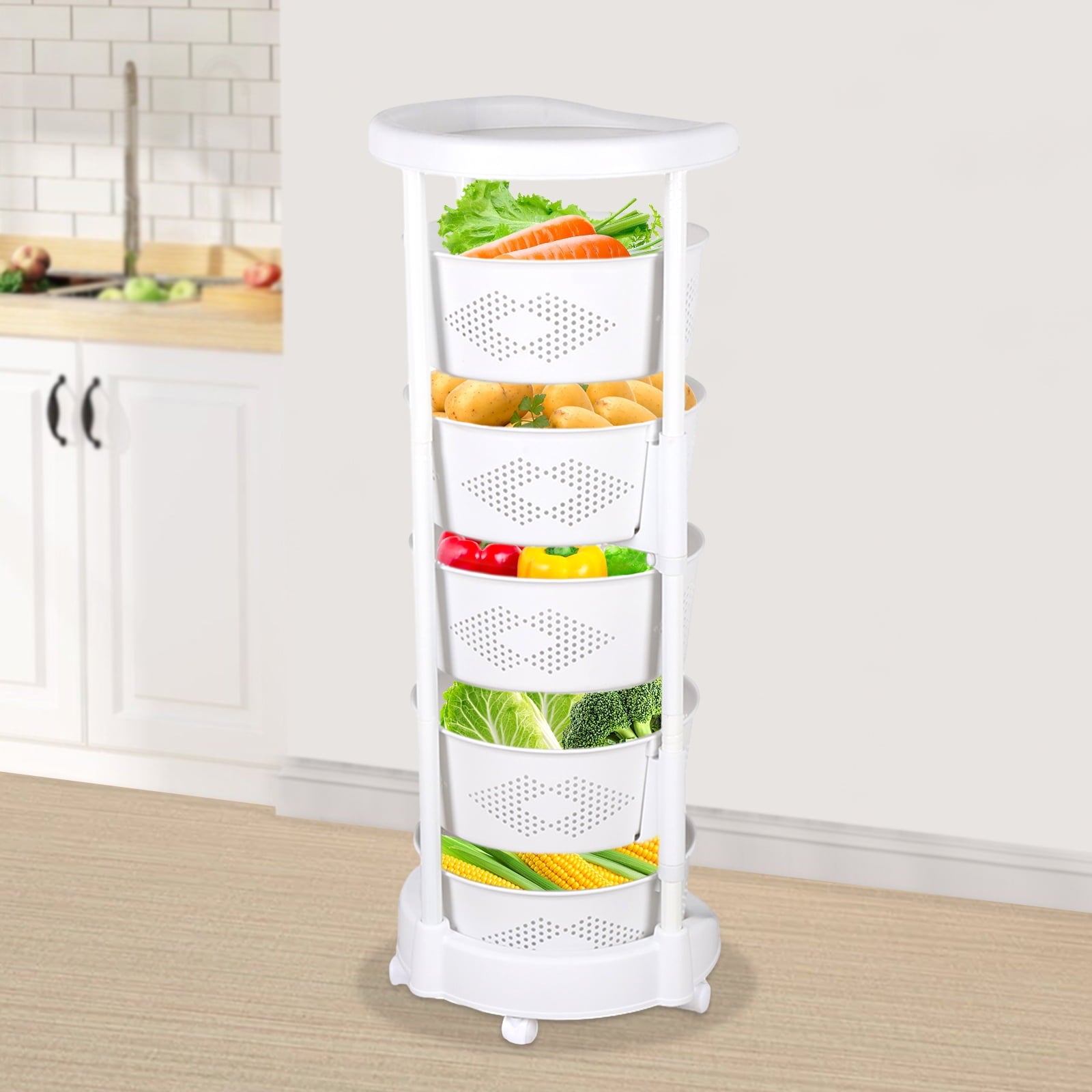 4 Tiers Rotating Storage Shelves Removable Basket Shelf Organizer on Rolling Wheels Height Adjustable Kitchen Bathroom Shelves Rack Organizer