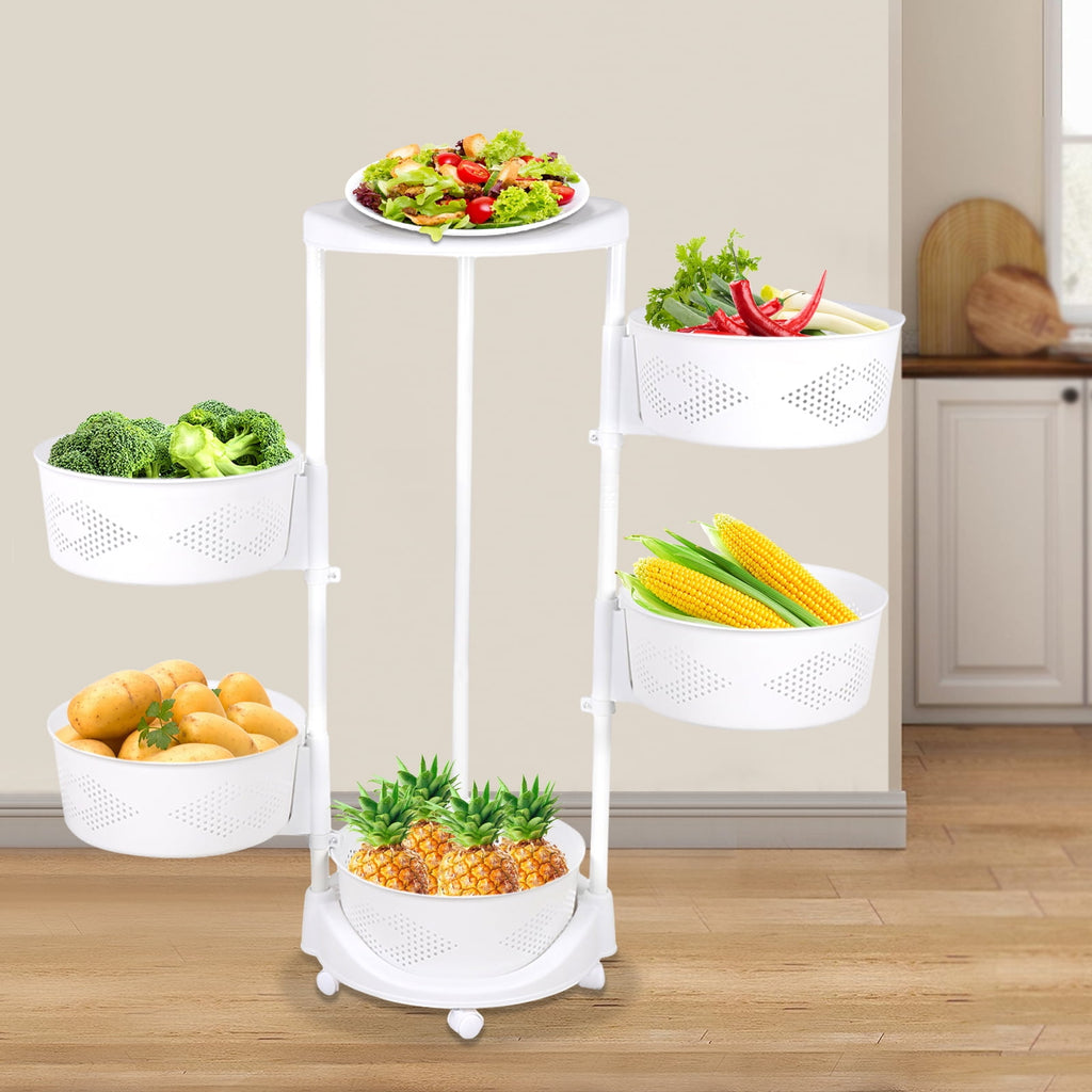 4 Tiers Rotating Storage Shelves Removable Basket Shelf Organizer on Rolling Wheels Height Adjustable Kitchen Bathroom Shelves Rack Organizer