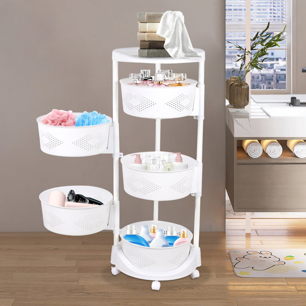 4 Tiers Rotating Storage Shelves Removable Basket Shelf Organizer on Rolling Wheels Height Adjustable Kitchen Bathroom Shelves Rack Organizer