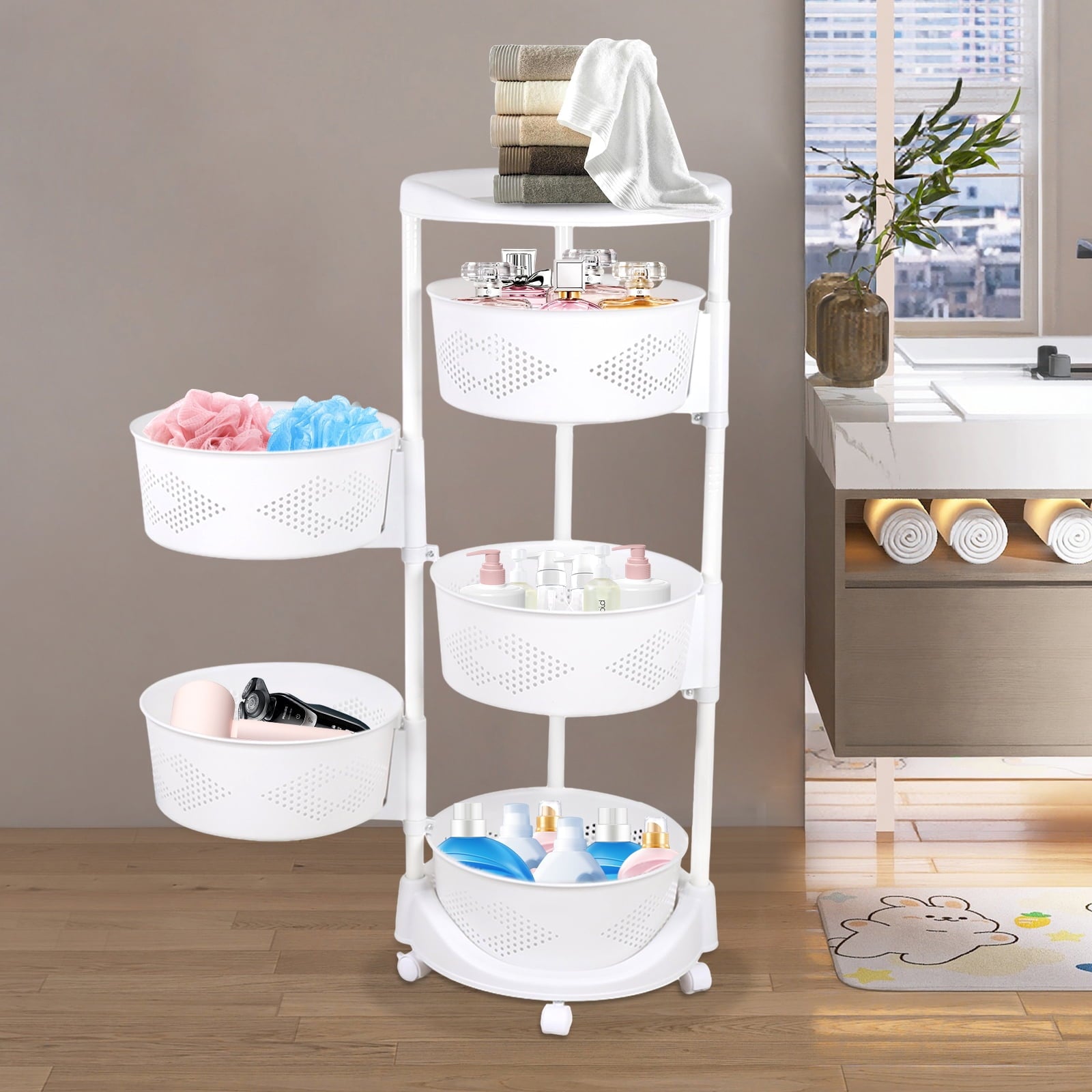 4 Tiers Rotating Storage Shelves Removable Basket Shelf Organizer on Rolling Wheels Height Adjustable Kitchen Bathroom Shelves Rack Organizer