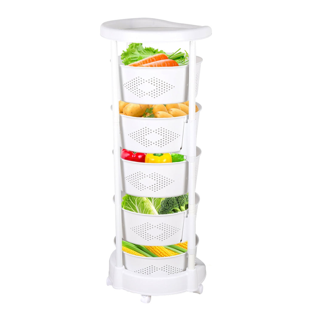 4 Tiers Rotating Storage Shelves Removable Basket Shelf Organizer on Rolling Wheels Height Adjustable Kitchen Bathroom Shelves Rack Organizer