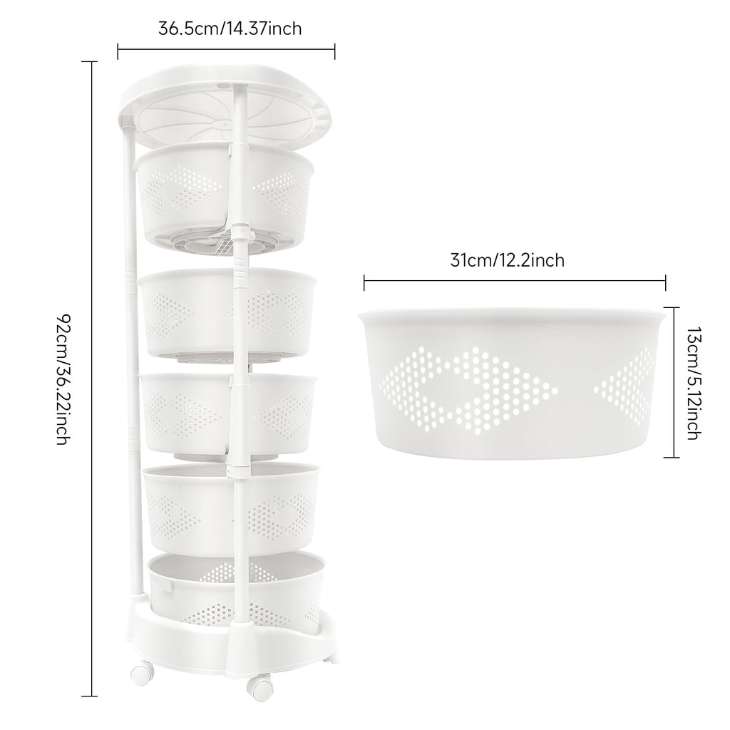 4 Tiers Rotating Storage Shelves Removable Basket Shelf Organizer on Rolling Wheels Height Adjustable Kitchen Bathroom Shelves Rack Organizer