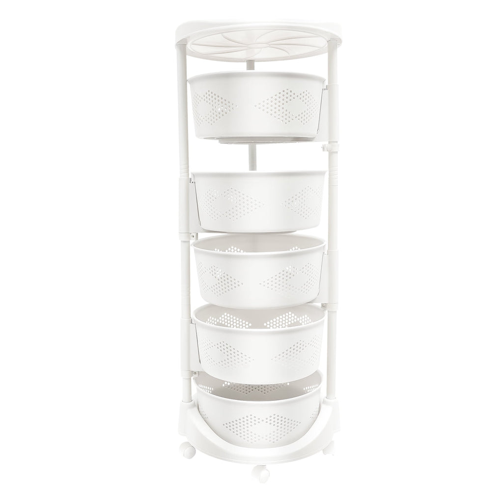 4 Tiers Rotating Storage Shelves Removable Basket Shelf Organizer on Rolling Wheels Height Adjustable Kitchen Bathroom Shelves Rack Organizer