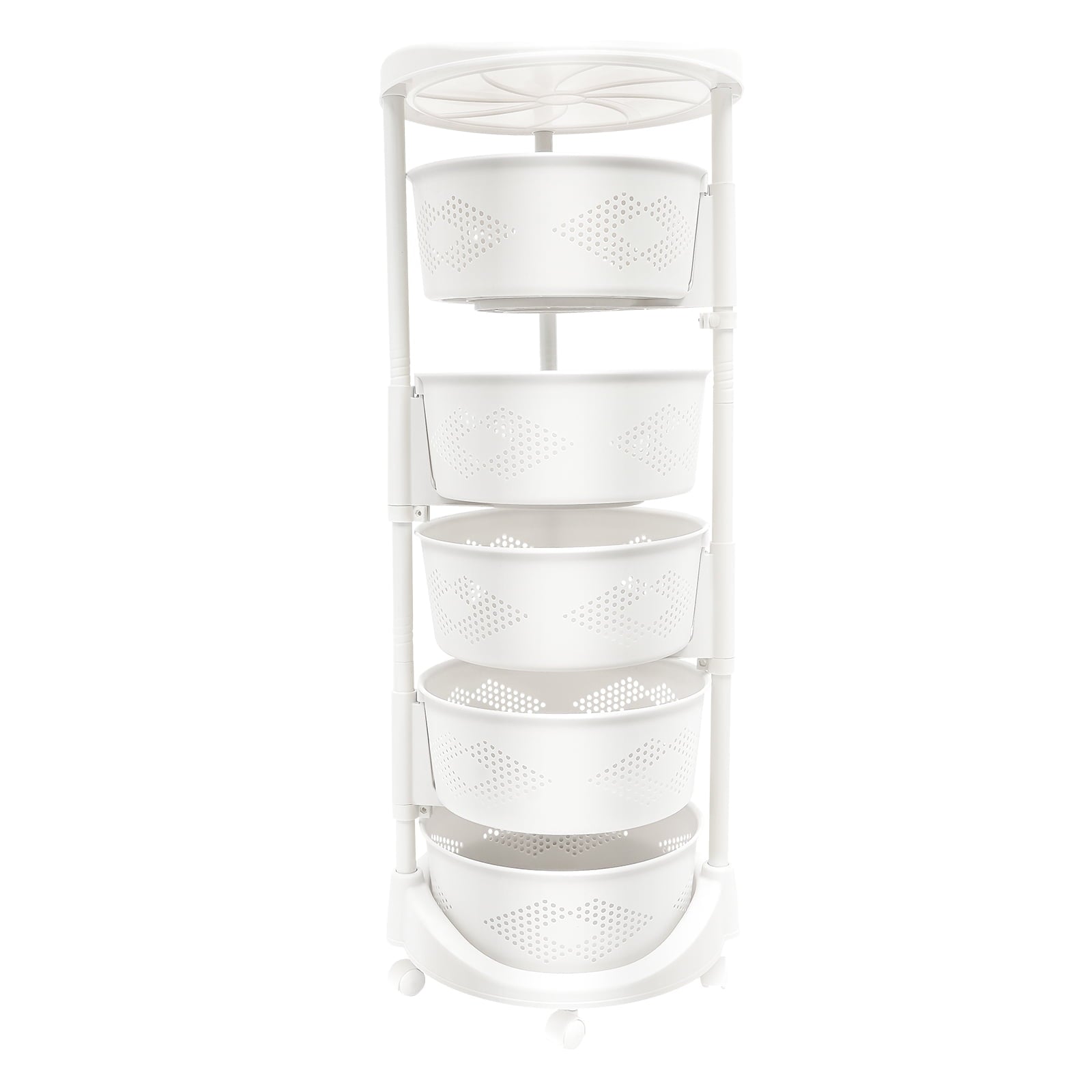 4 Tiers Rotating Storage Shelves Removable Basket Shelf Organizer on Rolling Wheels Height Adjustable Kitchen Bathroom Shelves Rack Organizer