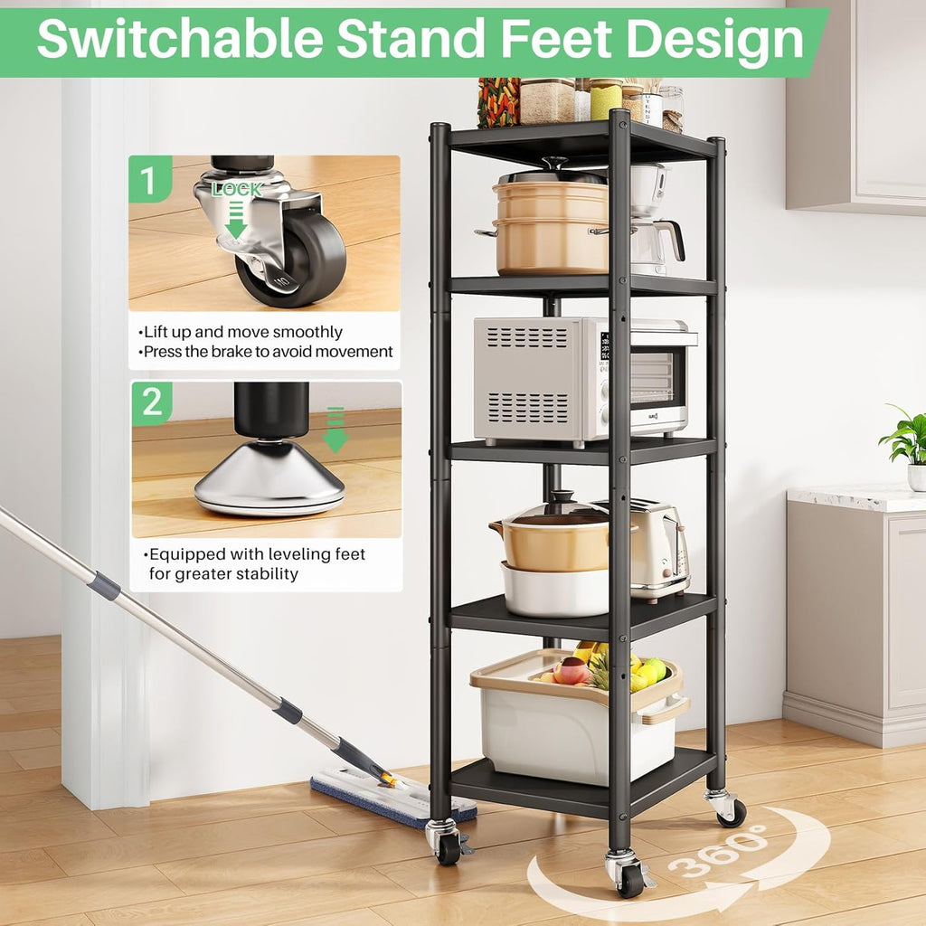 5-Tier Kitchen Storage Shelves, Adjustable Metal Shelves for Storage Pantry Shelves with Rolling Wheels, Storage Rack Shelving Unit Organizer for Bedroom Laundry Closet