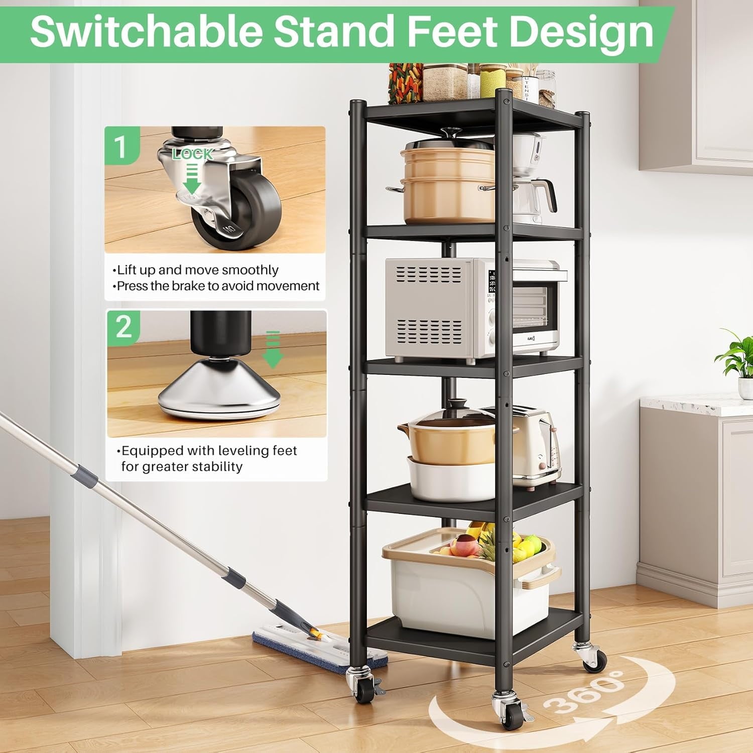 5-Tier Kitchen Storage Shelves, Adjustable Metal Shelves for Storage Pantry Shelves with Rolling Wheels, Storage Rack Shelving Unit Organizer for Bedroom Laundry Closet