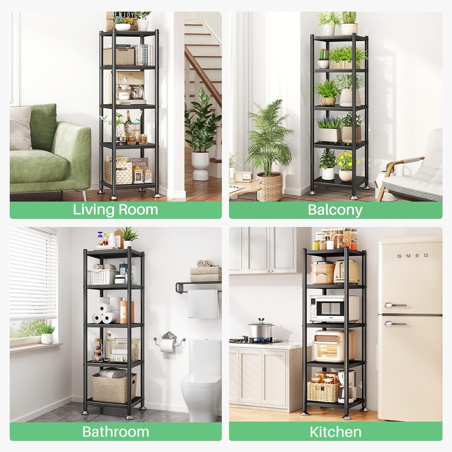 5-Tier Kitchen Storage Shelves, Adjustable Metal Shelves for Storage Pantry Shelves with Rolling Wheels, Storage Rack Shelving Unit Organizer for Bedroom Laundry Closet