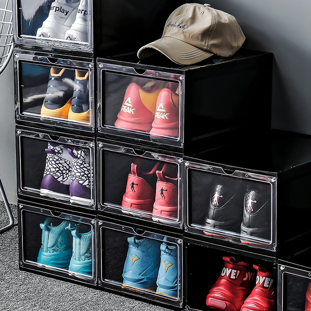 Plastic Shoe Box, 4/8/12x Stackable Black/ Clear Shoe Storage Box Sneaker Storage Bins Shoe Container Organizer for Women Men