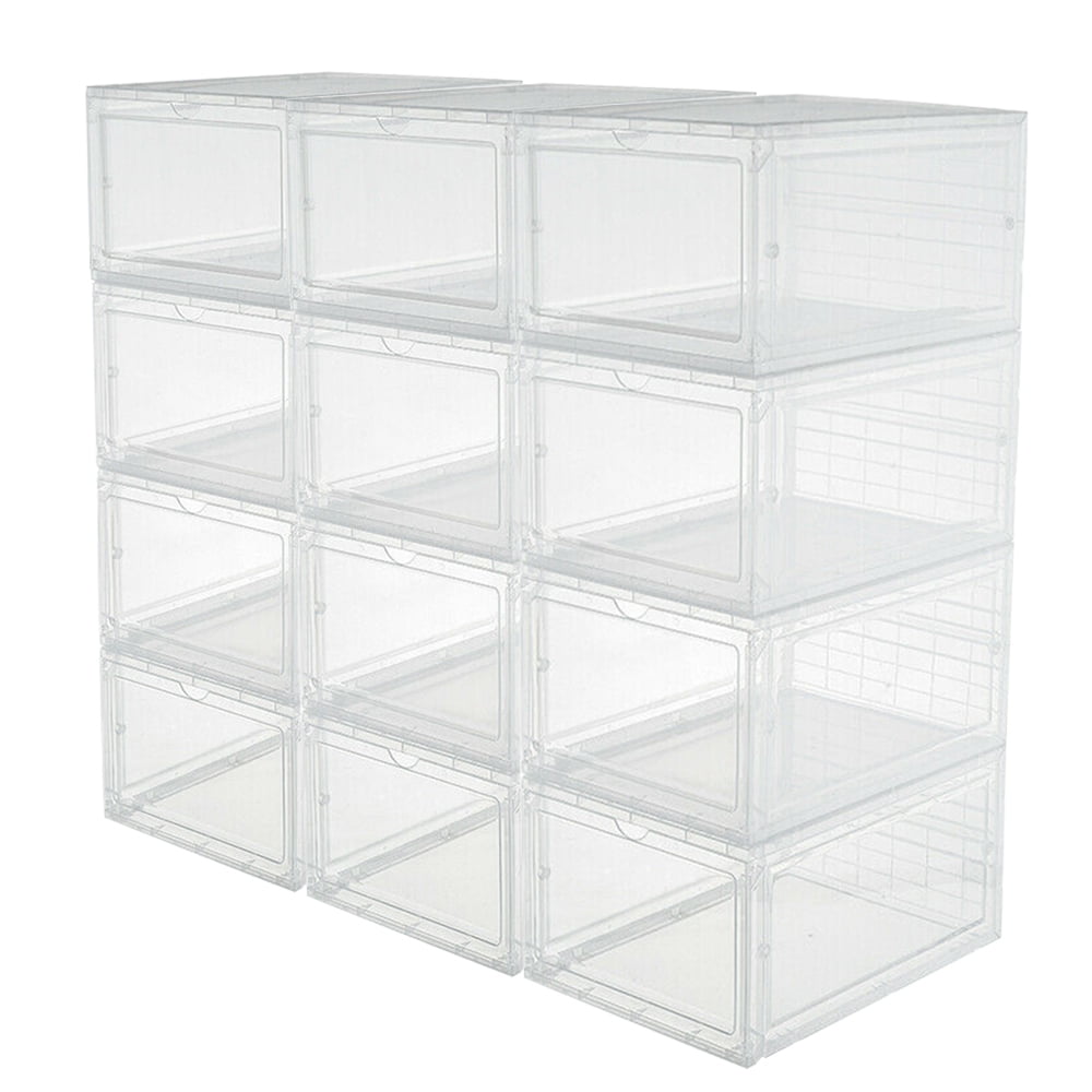 Plastic Shoe Box, 4/8/12x Stackable Black/ Clear Shoe Storage Box Sneaker Storage Bins Shoe Container Organizer for Women Men