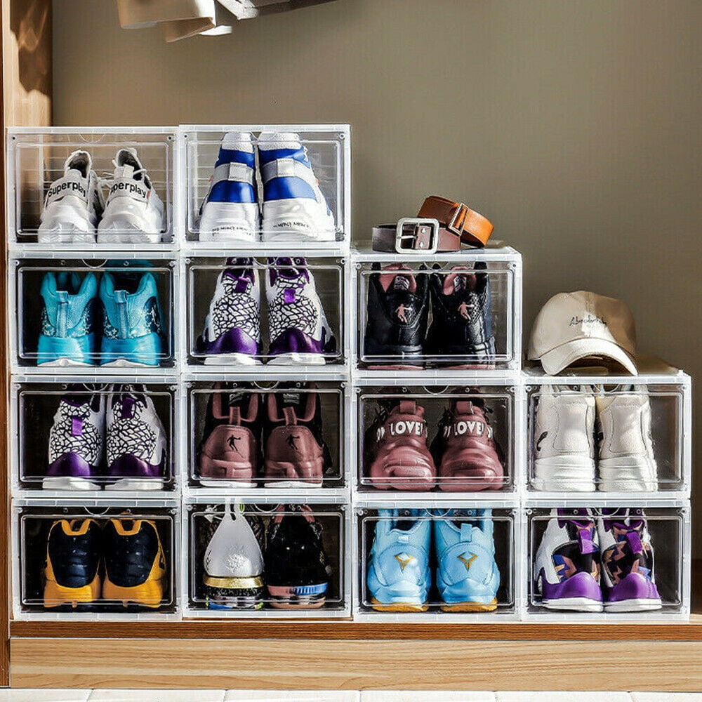 Plastic Shoe Box, 4/8/12x Stackable Black/ Clear Shoe Storage Box Sneaker Storage Bins Shoe Container Organizer for Women Men