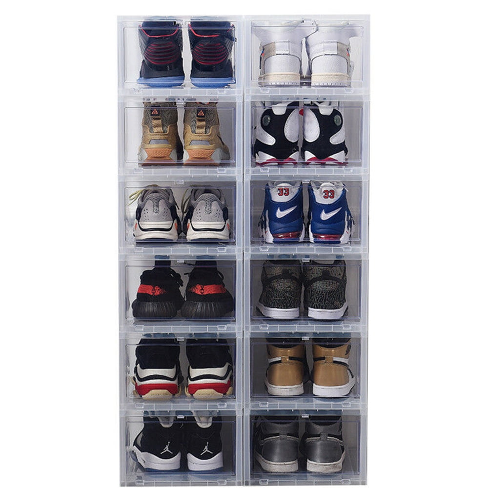 Plastic Shoe Box, 4/8/12x Stackable Black/ Clear Shoe Storage Box Sneaker Storage Bins Shoe Container Organizer for Women Men