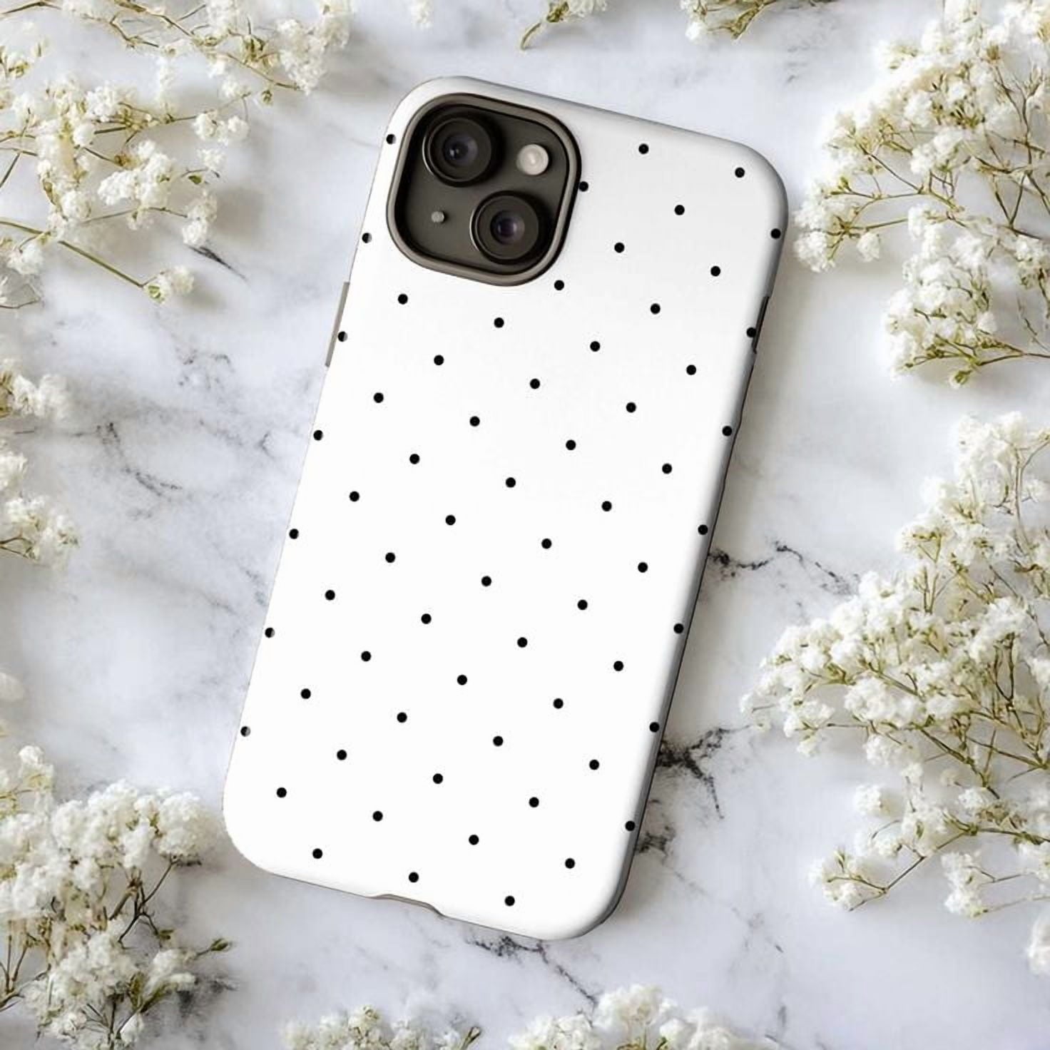Chic Black Polka Dot Phone Case on White, Retro Dotted Design for iPhone 16, 15, 14, 13, 12, 11 Plus Pro Max Mini