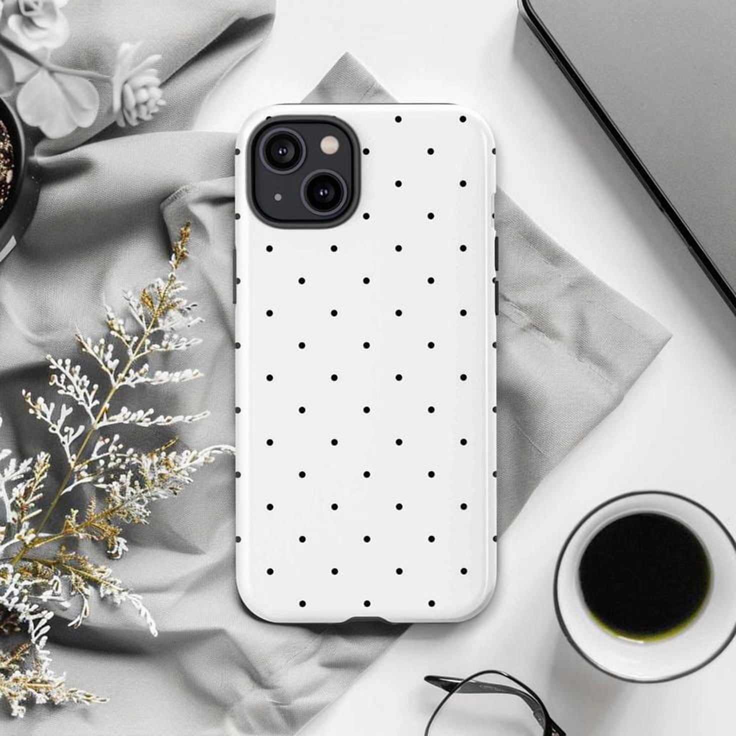 Chic Black Polka Dot Phone Case on White, Retro Dotted Design for iPhone 16, 15, 14, 13, 12, 11 Plus Pro Max Mini