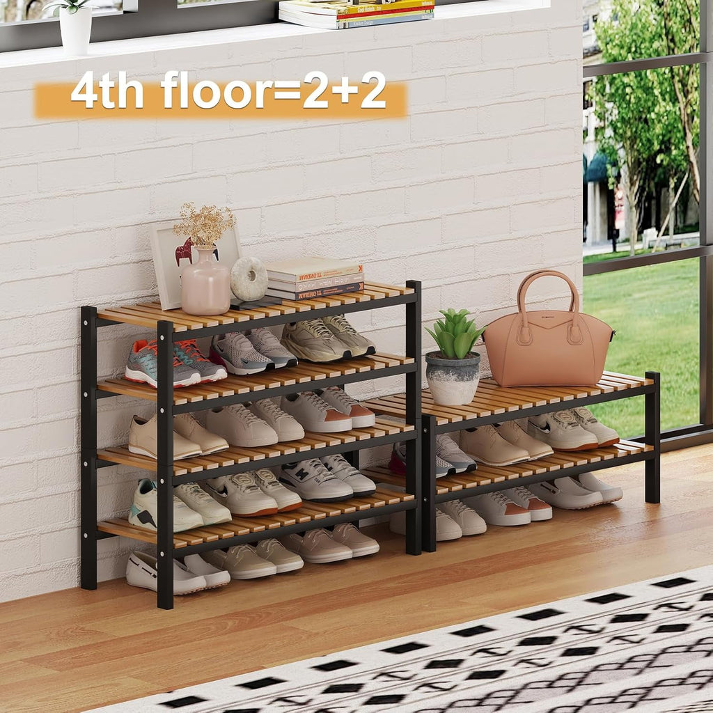 Bamboo Shoe Rack Organizer for Closet and Entryway - Space-Saving Narrow Shoe Stand - Versatile Shoe Holder for Door or Closet Shelf, Garage Bedroom can Freely Stack DIY Small Shoe Racks 3 Tier