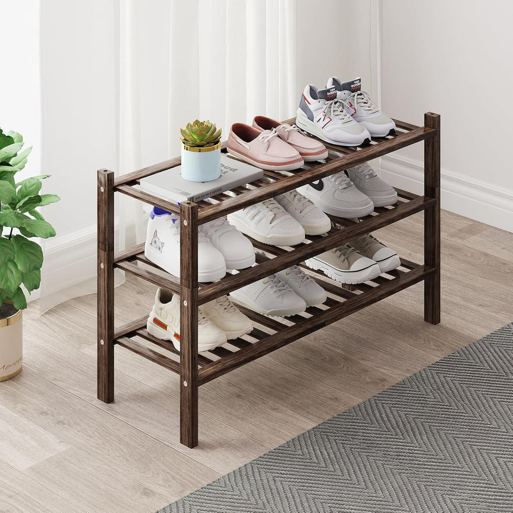 Bamboo Shoe Rack Organizer for Closet and Entryway - Space-Saving Narrow Shoe Stand - Versatile Shoe Holder for Door or Closet Shelf, Garage Bedroom can Freely Stack DIY Small Shoe Racks 3 Tier
